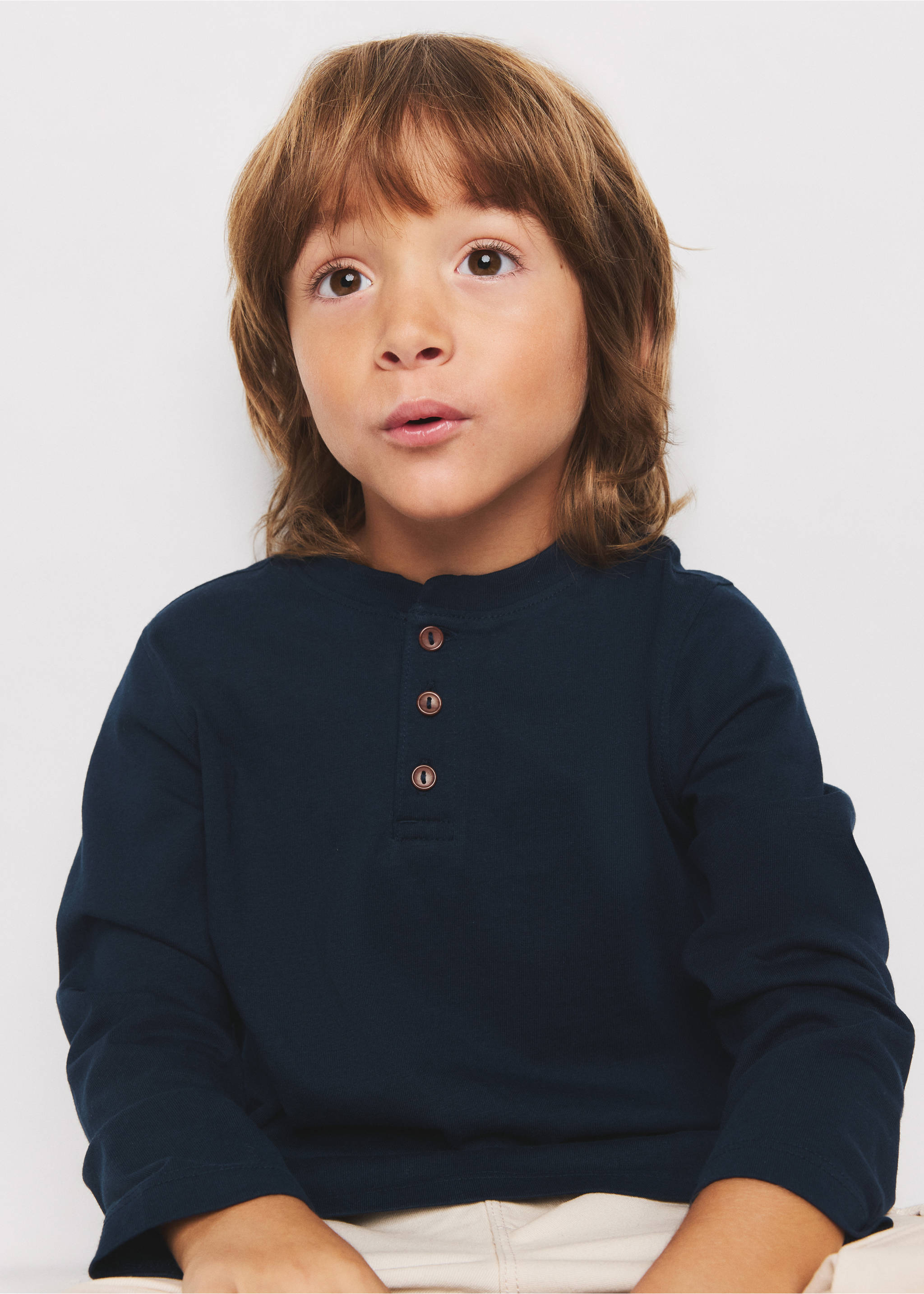 Buttoned cotton T-shirt - Details of the article 1, Navy. Ref: 37014424-00.