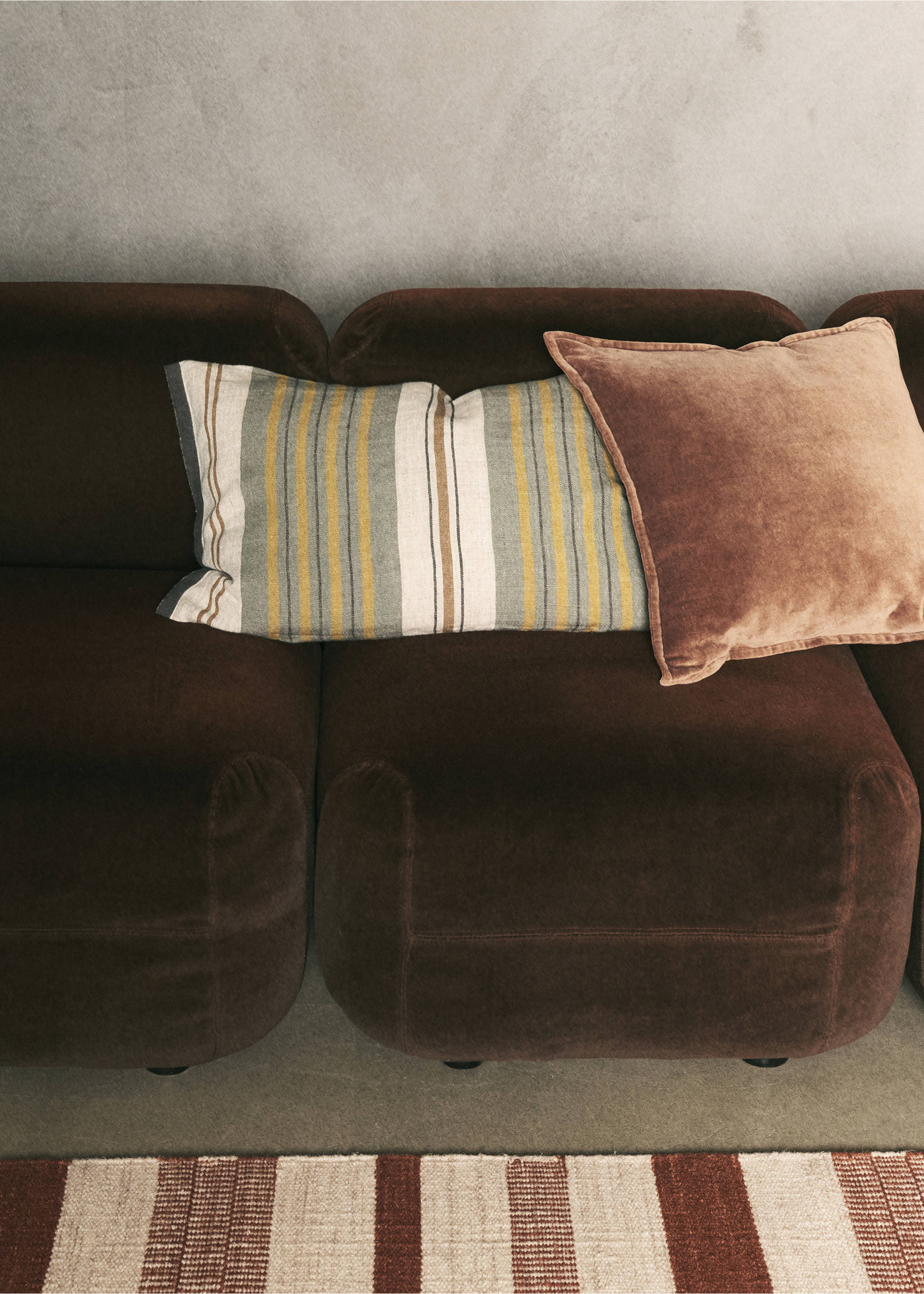 Rectangular striped cushion cover with green, yellow, and brown vertical lines., Green. Ref: 37014441-00.