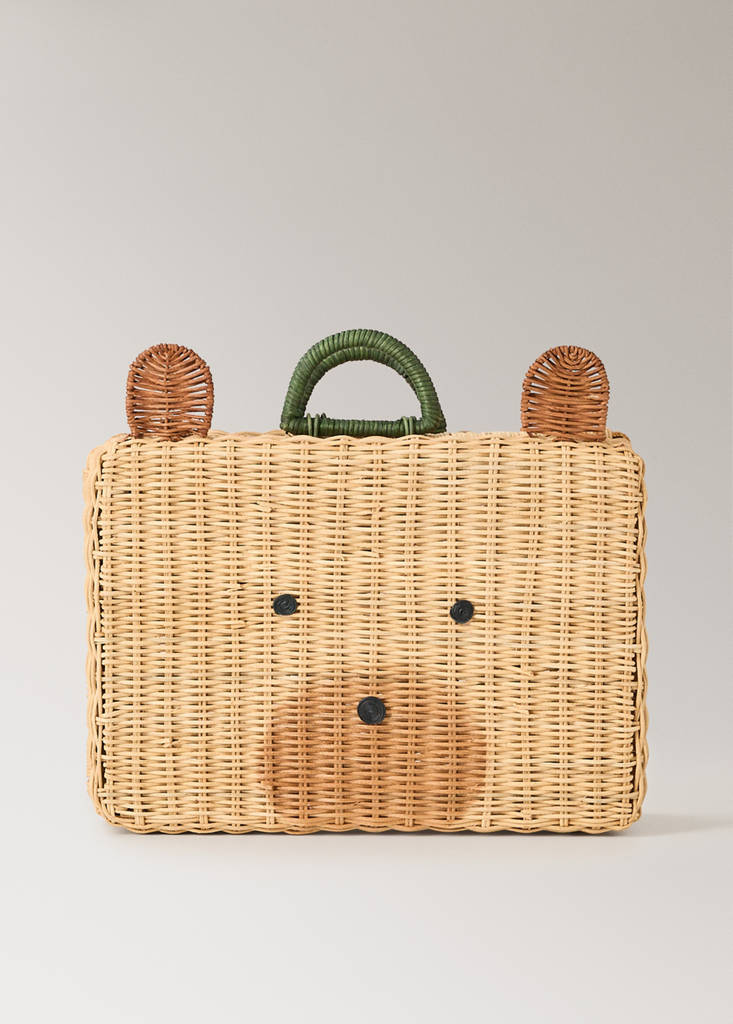 Wicker suitcase with bear illustration — Brown