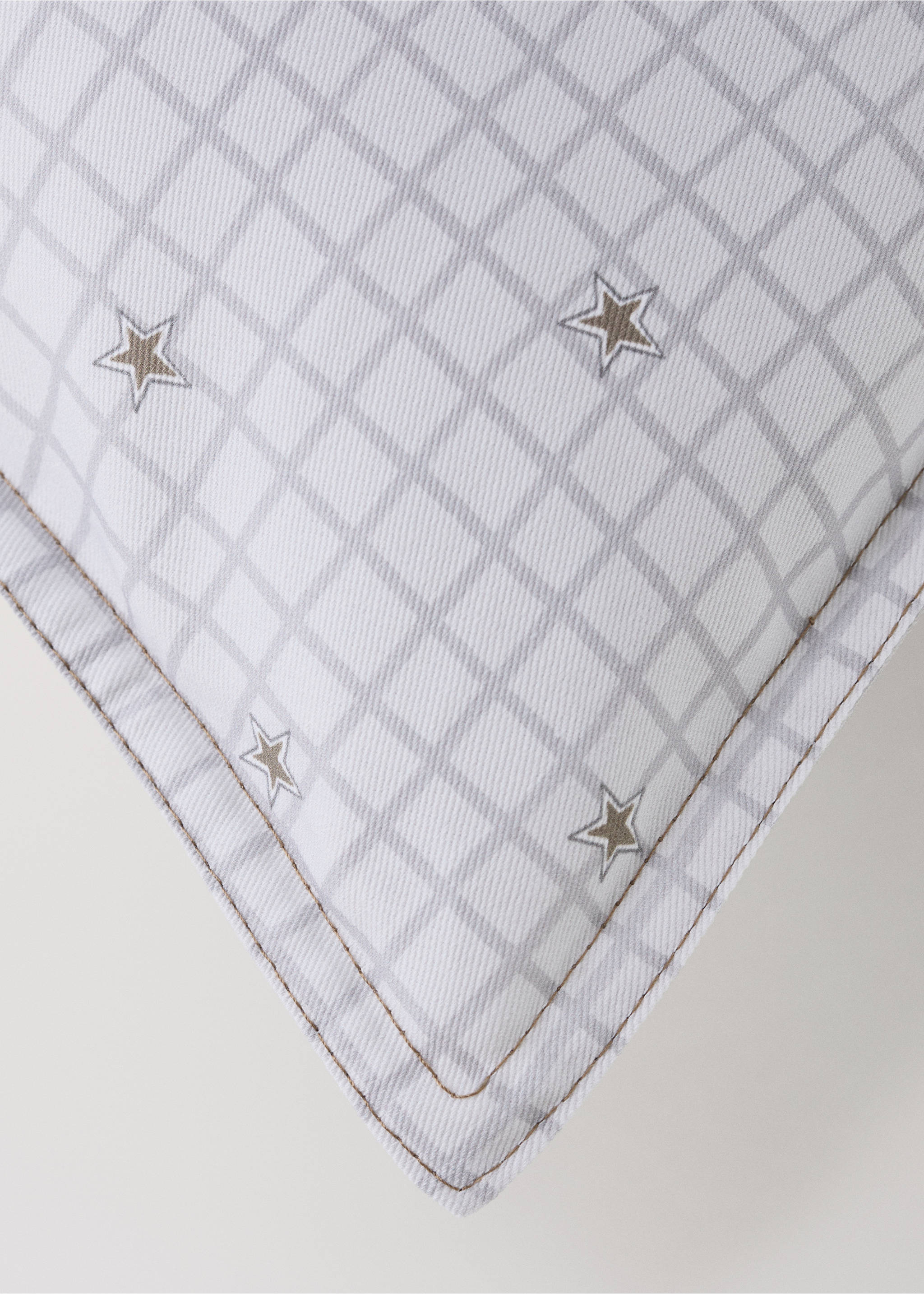 White cushion cover with grey grid pattern and embroidered stars., Grey. Ref: 37014462-00.