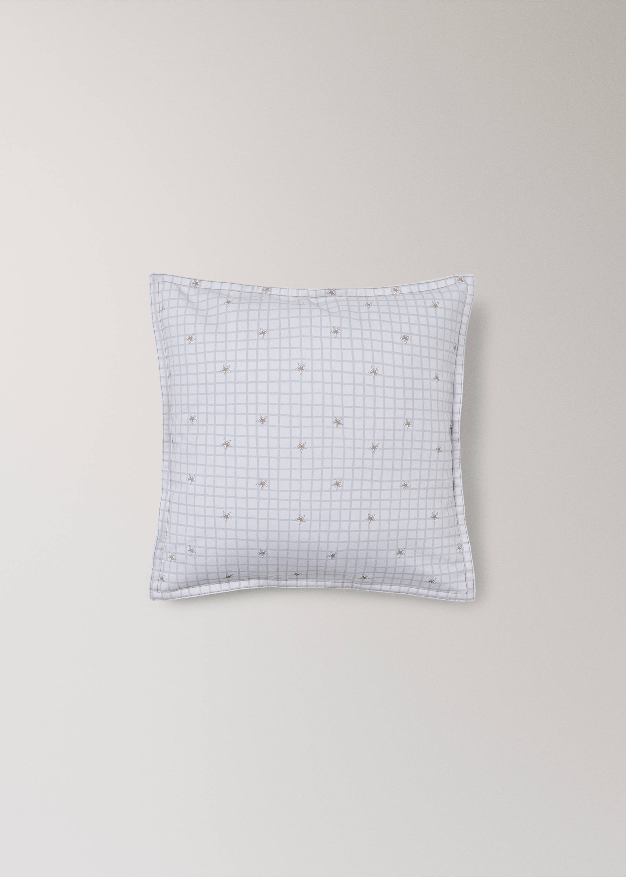 White cushion cover with a fine grey grid pattern and small star embroidery., Grey. Ref: 37014462-00.