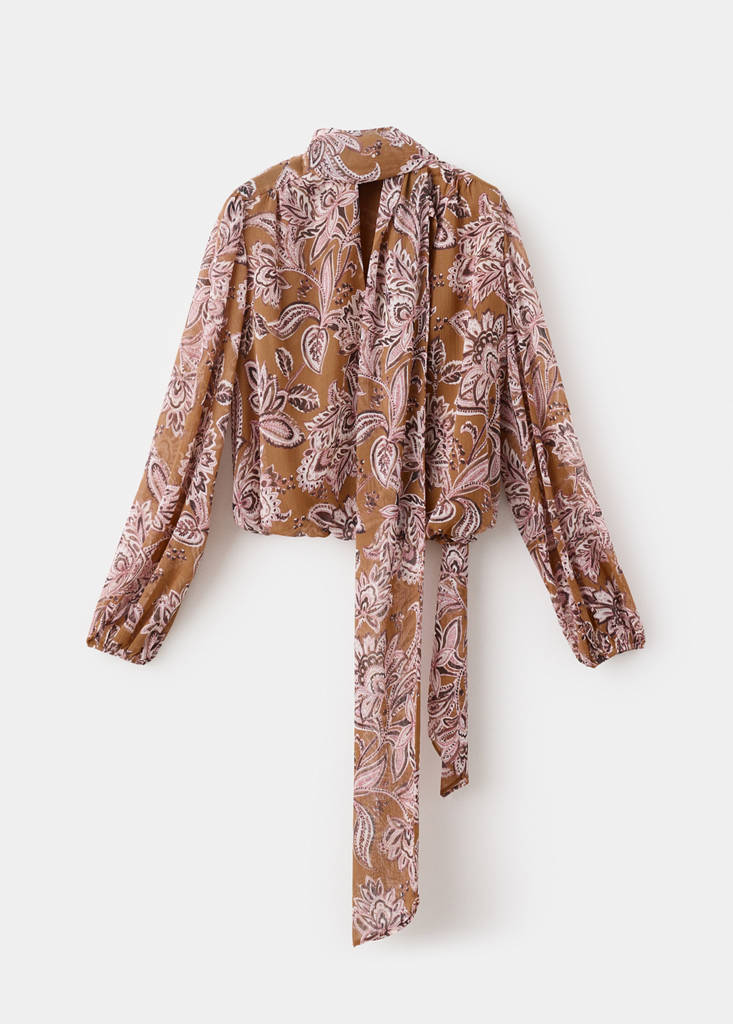 Floral-print blouse with bow — Brown