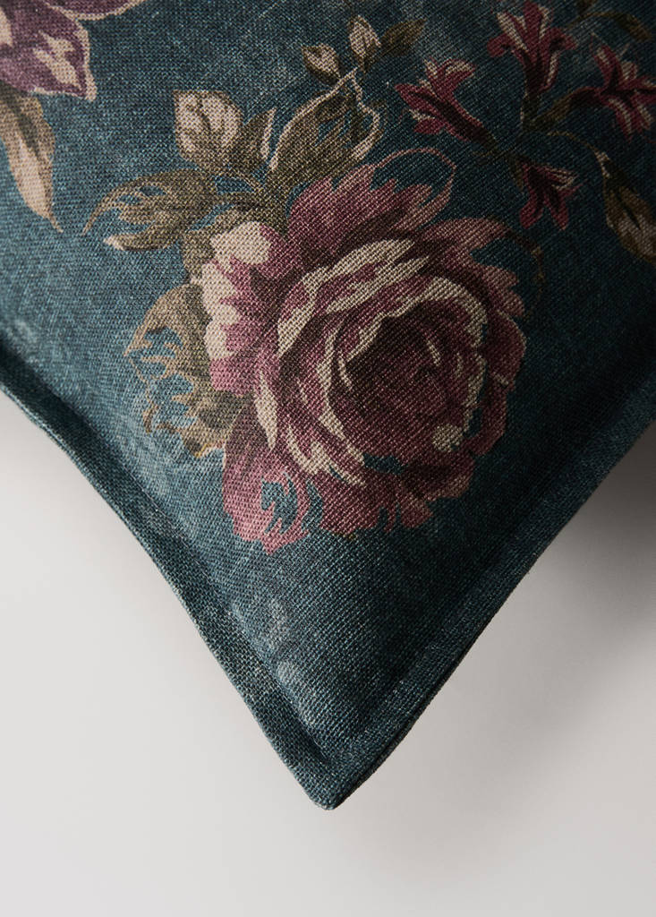 Floral linen cotton cushion cover with topstitch detail 50x50 cm — Petrol Blue