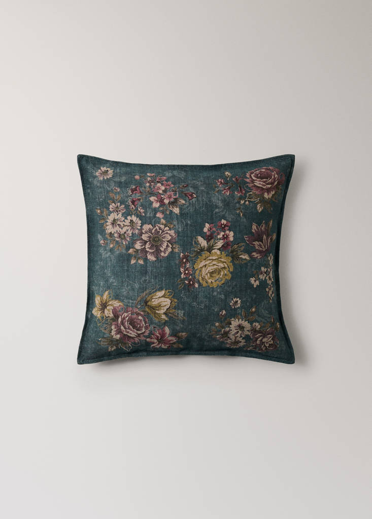 Floral linen cotton cushion cover with topstitch detail 50x50 cm — Petrol Blue
