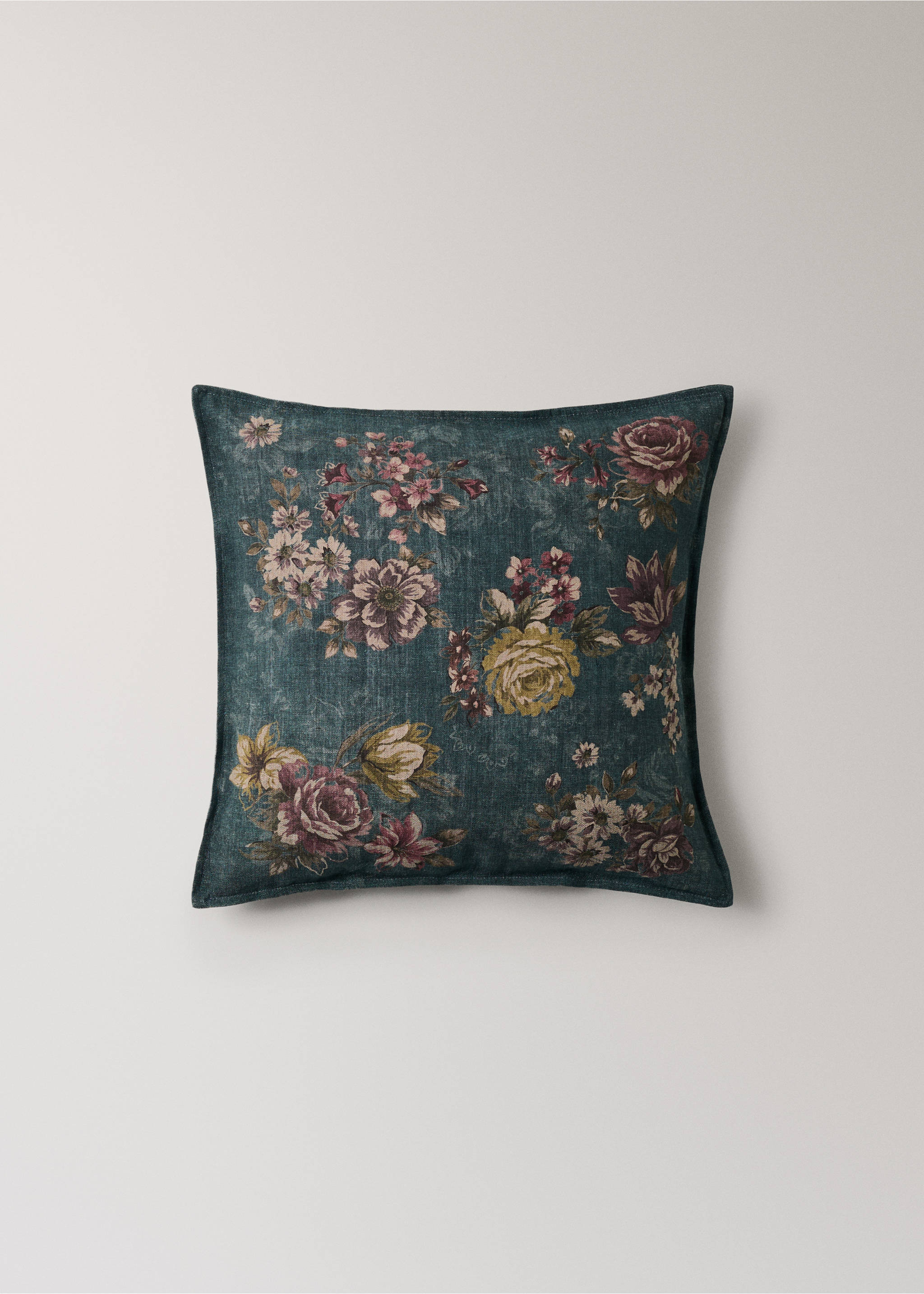 Floral linen cotton cushion cover with topstitch detail 50x50 cm - Article without model, Petrol Blue. Ref: 37014475-00.