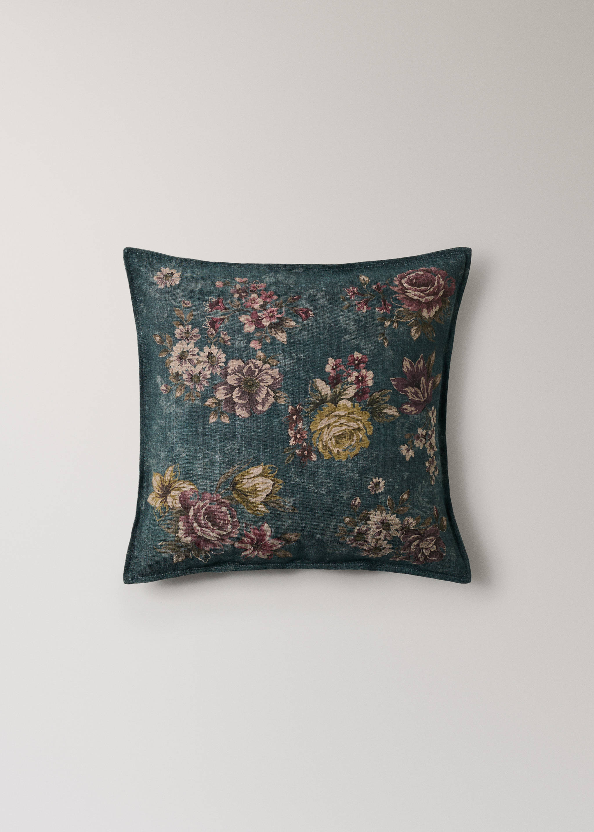 Floral linen cotton cushion cover with topstitch detail 50x50 cm - Article without model