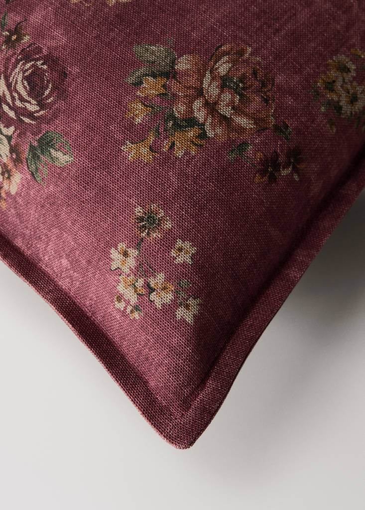 Floral linen cotton cushion cover with topstitch detail 50x50 cm — Dark Red
