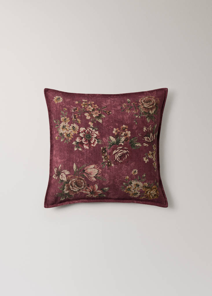 Floral linen cotton cushion cover with topstitch detail 50x50 cm — Dark Red