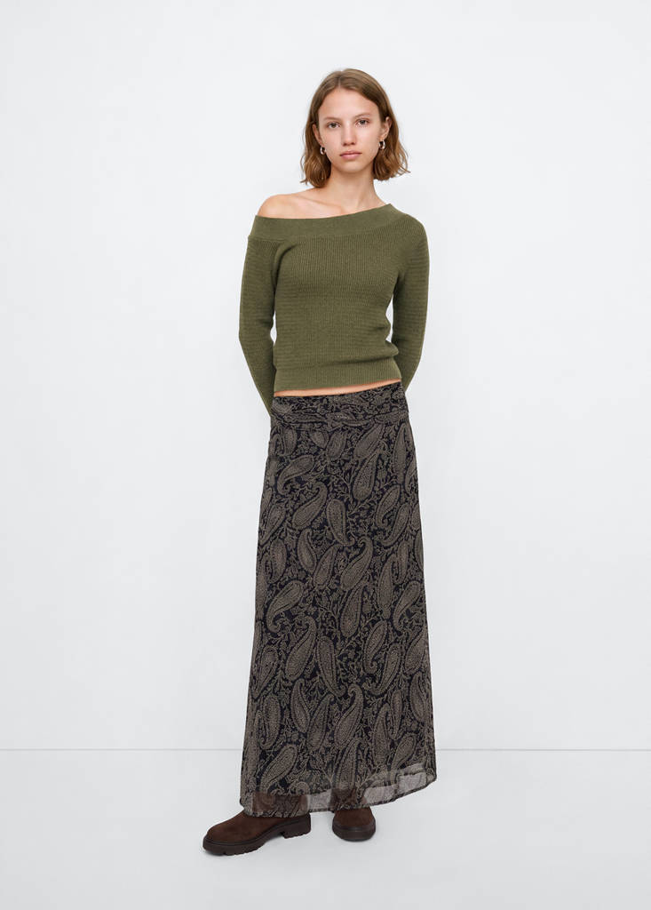 Ribbed asymmetric neckline jumper — Khaki