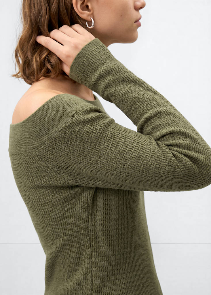 Ribbed asymmetric neckline jumper — Khaki