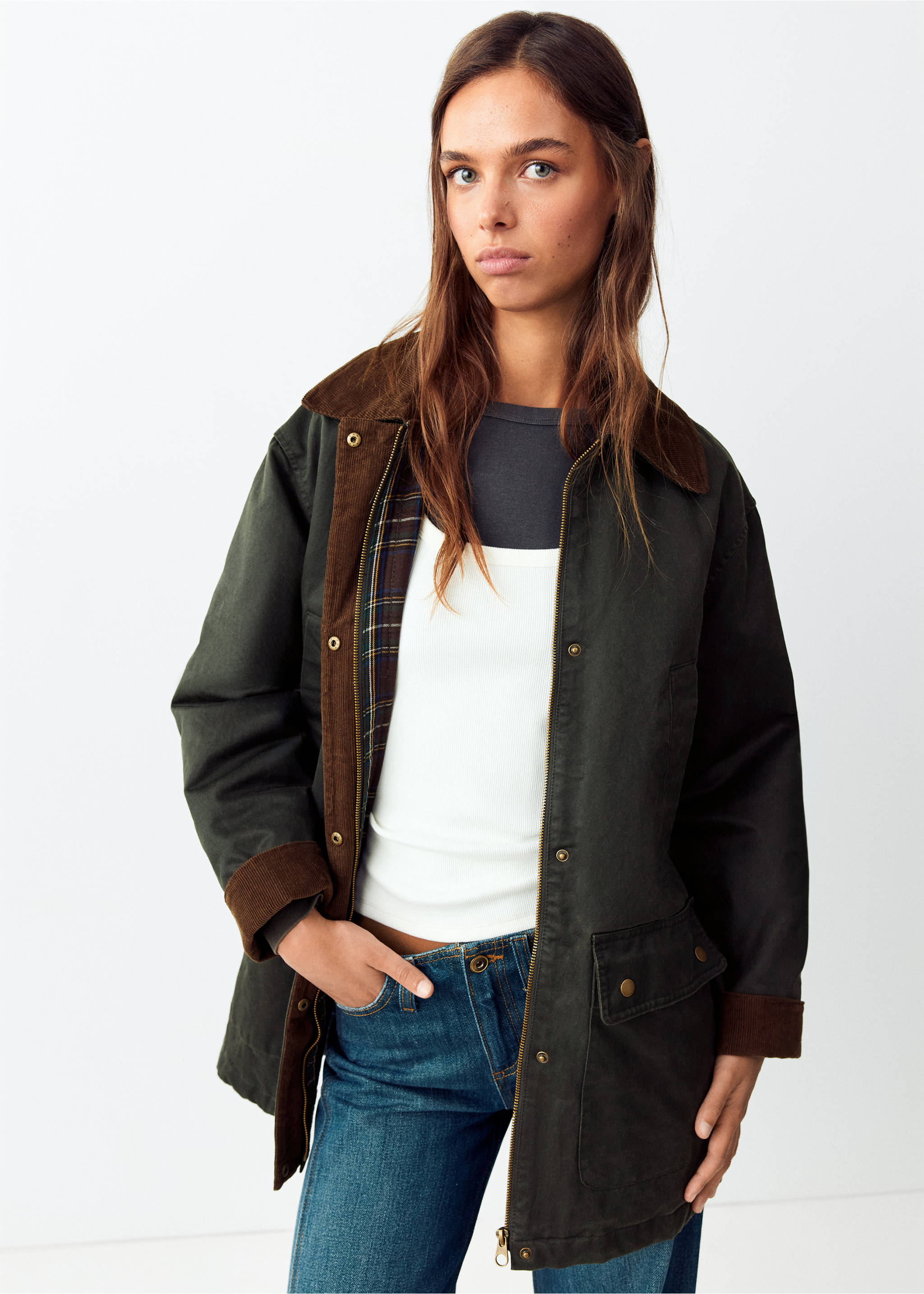 Cotton parka with corduroy collar - Medium plane, Medium Green. Ref: 37015154-00.