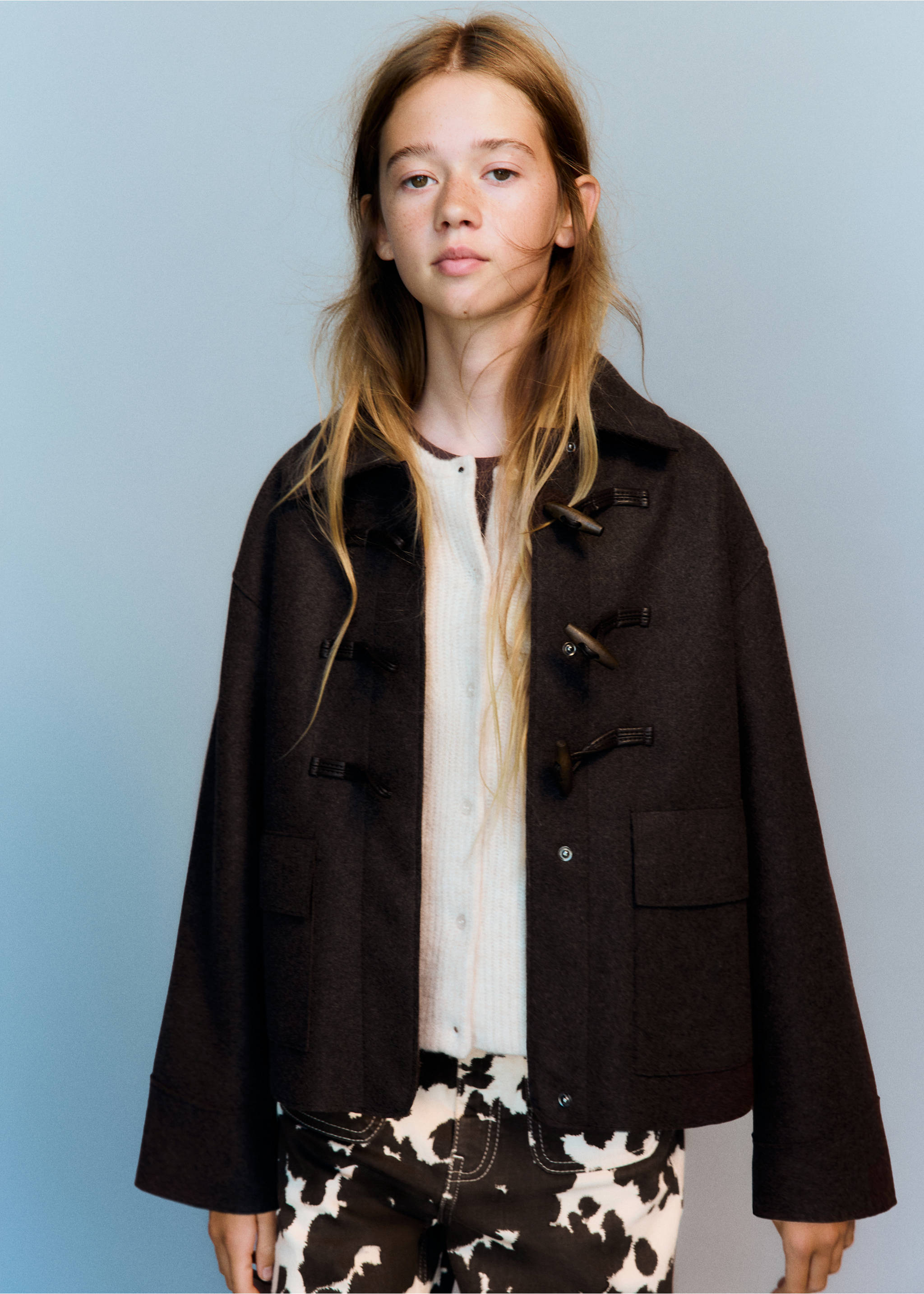 Manteau en drap avec boutons style duffle-coat - Plan moyen, Chocolat. Ref: 37015162-00.