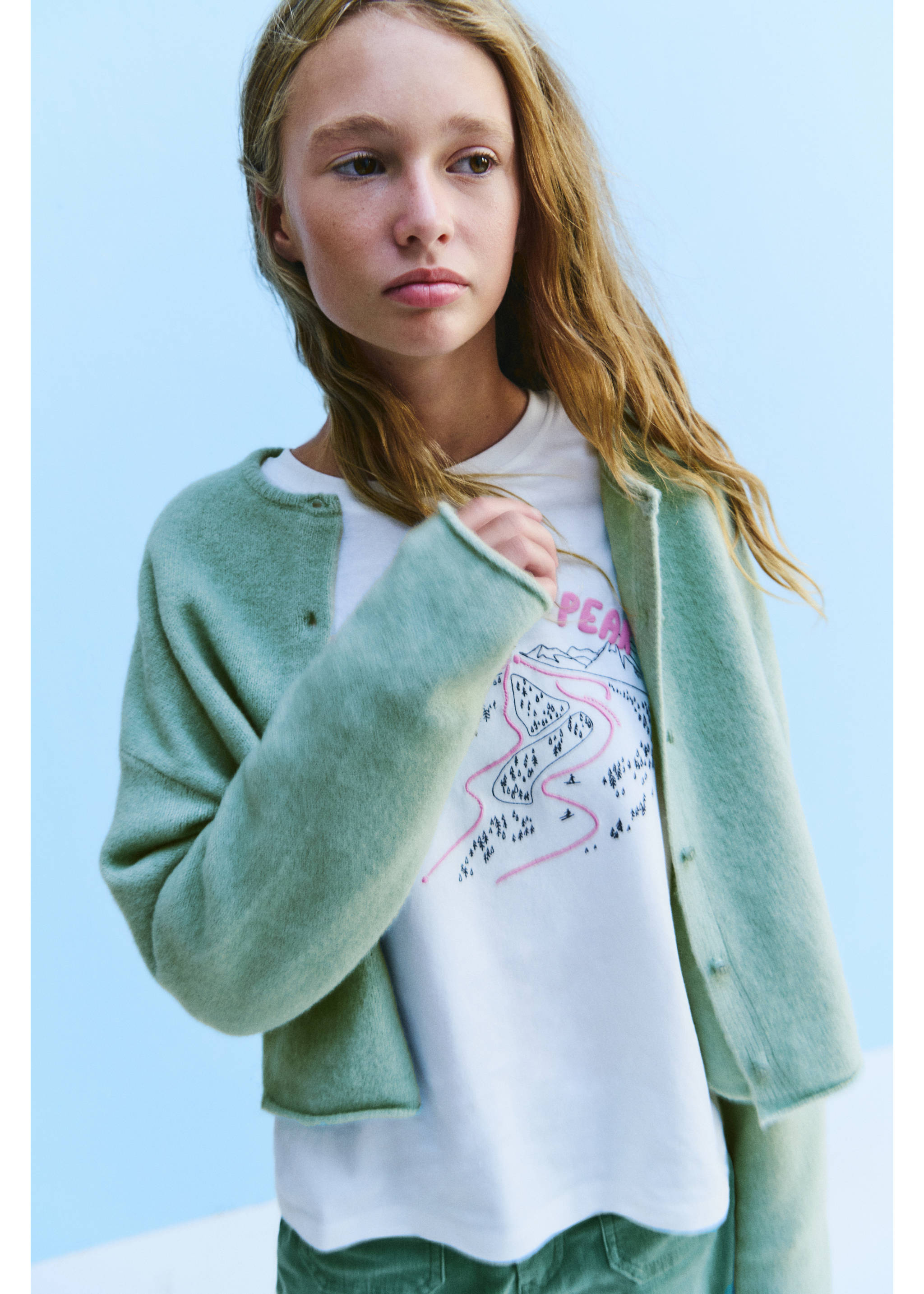 Buttoned knit cardigan - Details of the article 6, Aqua Green. Ref: 37015163-00.