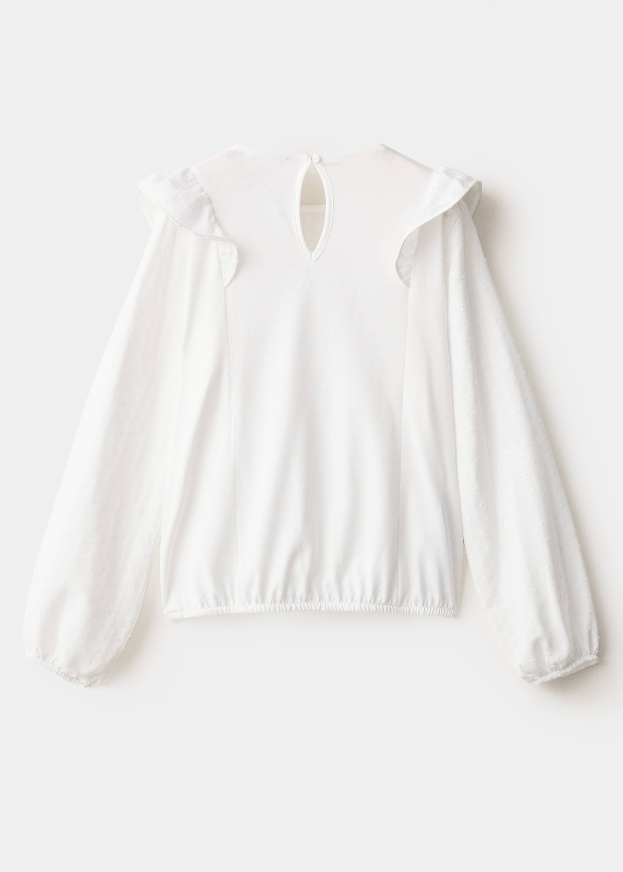 Back view of a white kids' t-shirt with shoulder ruffles and an elasticated hem., Off White. Ref: 37015187-00.