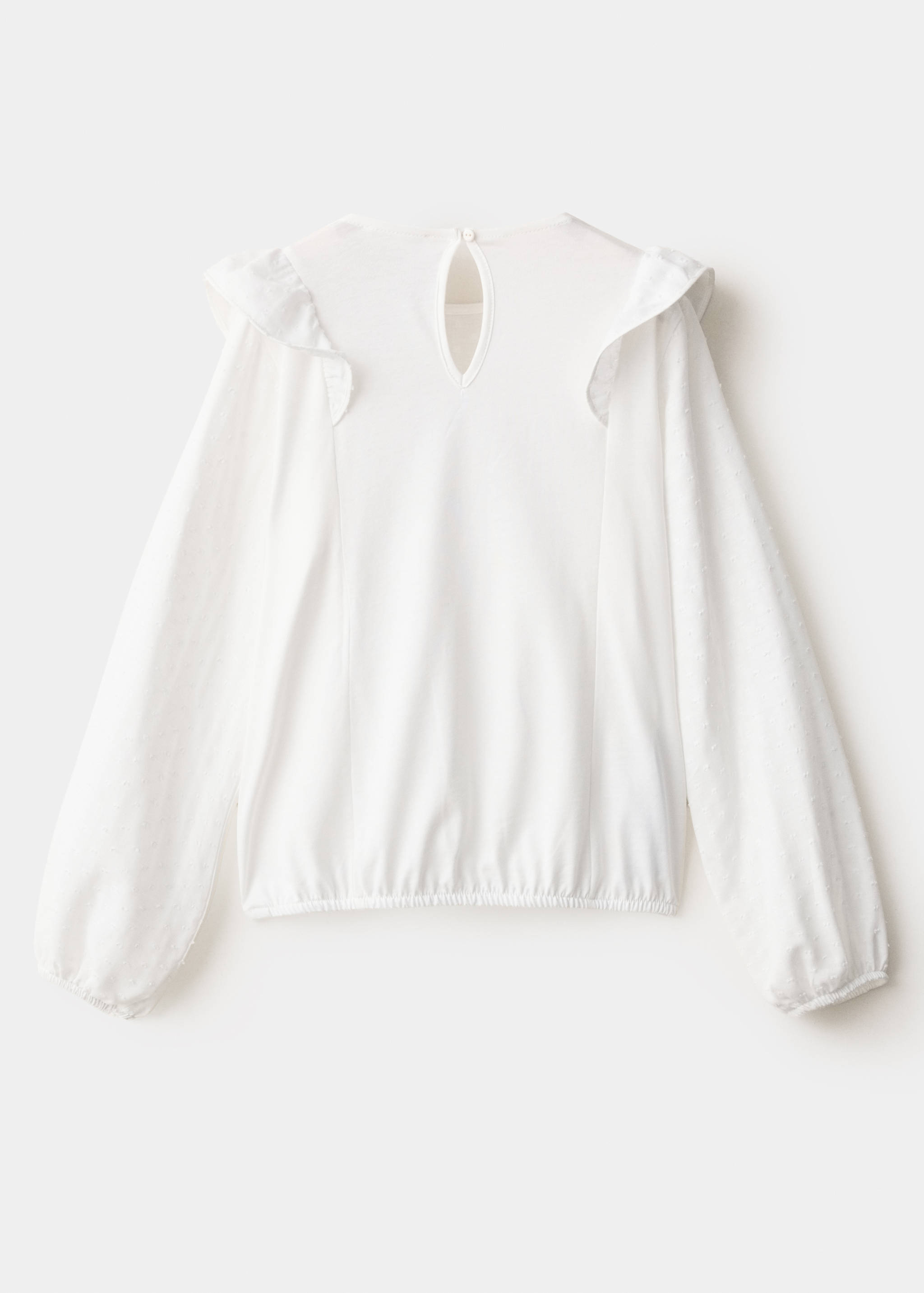 Back view of a white kids' t-shirt with shoulder ruffles and an elasticated hem.