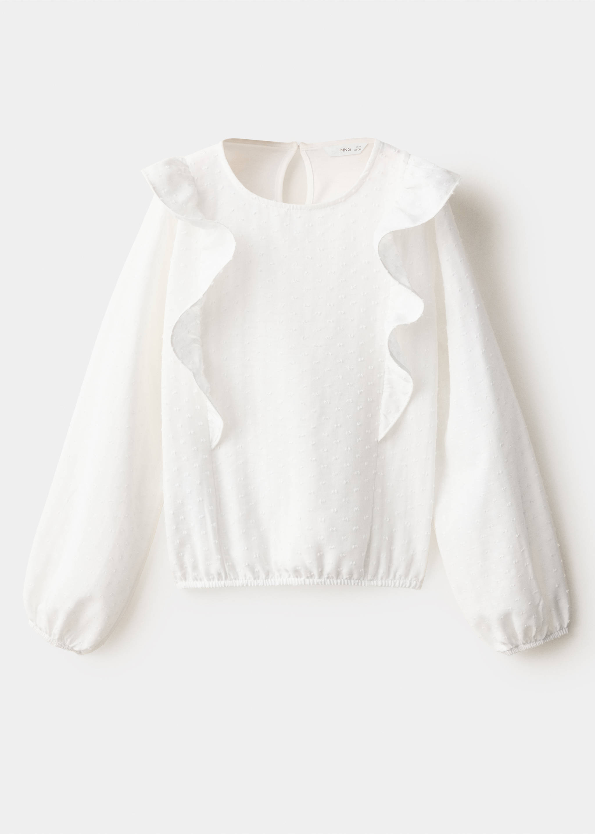 White long-sleeved t-shirt with shoulder ruffles and dotted texture., Off White. Ref: 37015187-00.