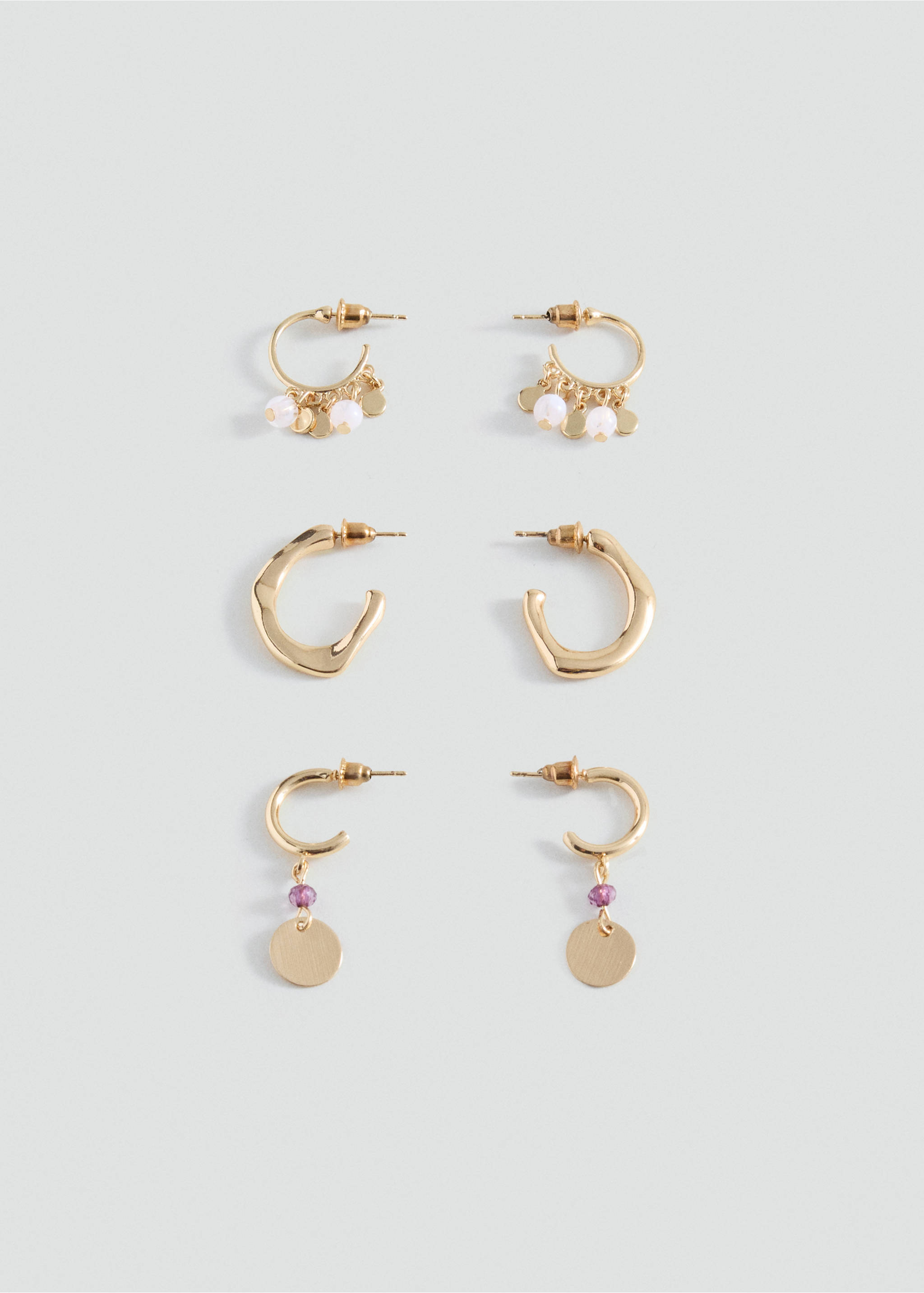 Set of three pairs of gold-finish earrings with beads and charms., Gold. Ref: 37015192-00.