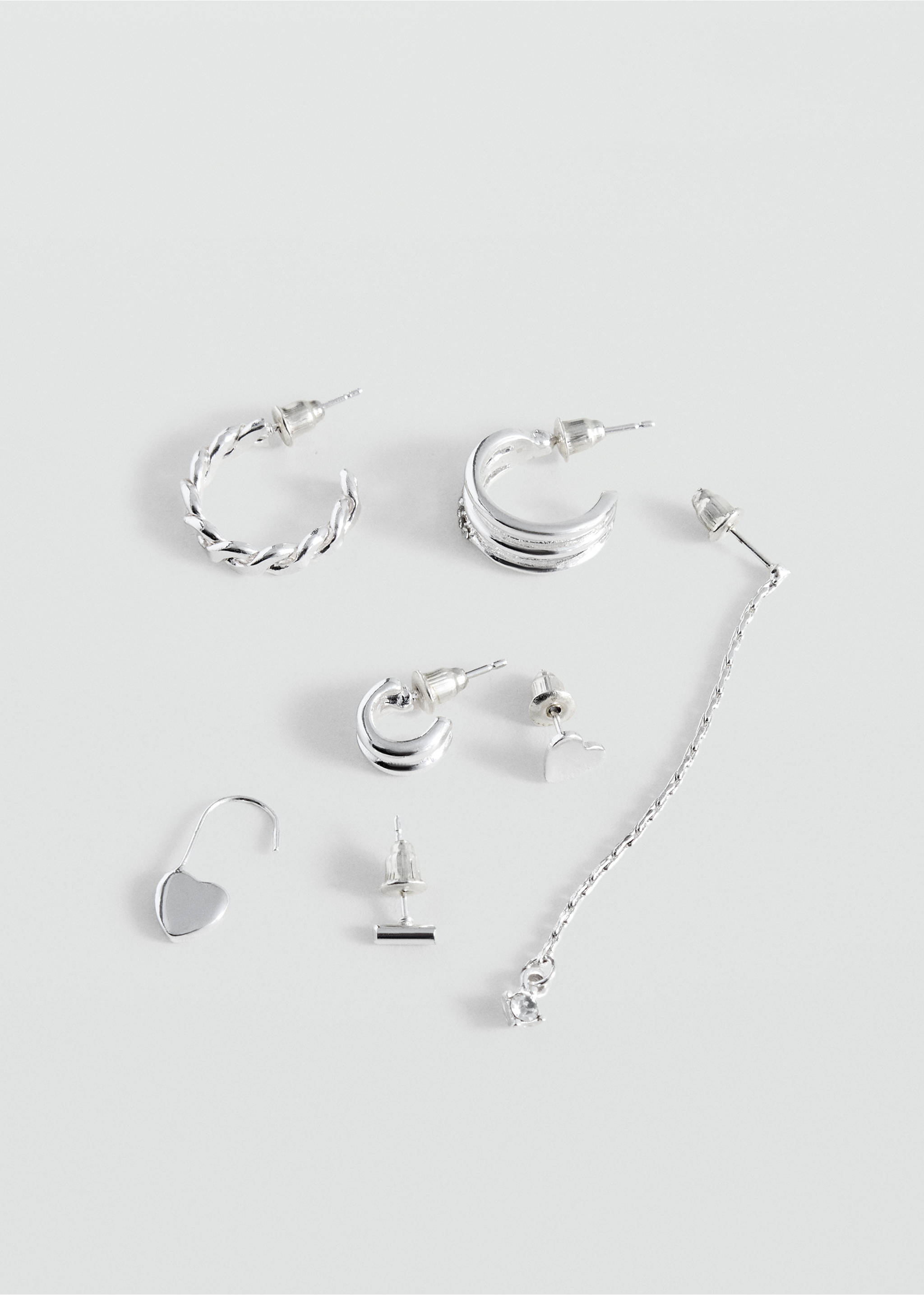 Set of silver-coloured earrings in mixed hoop, stud, and drop designs., Silver. Ref: 37015193-00.