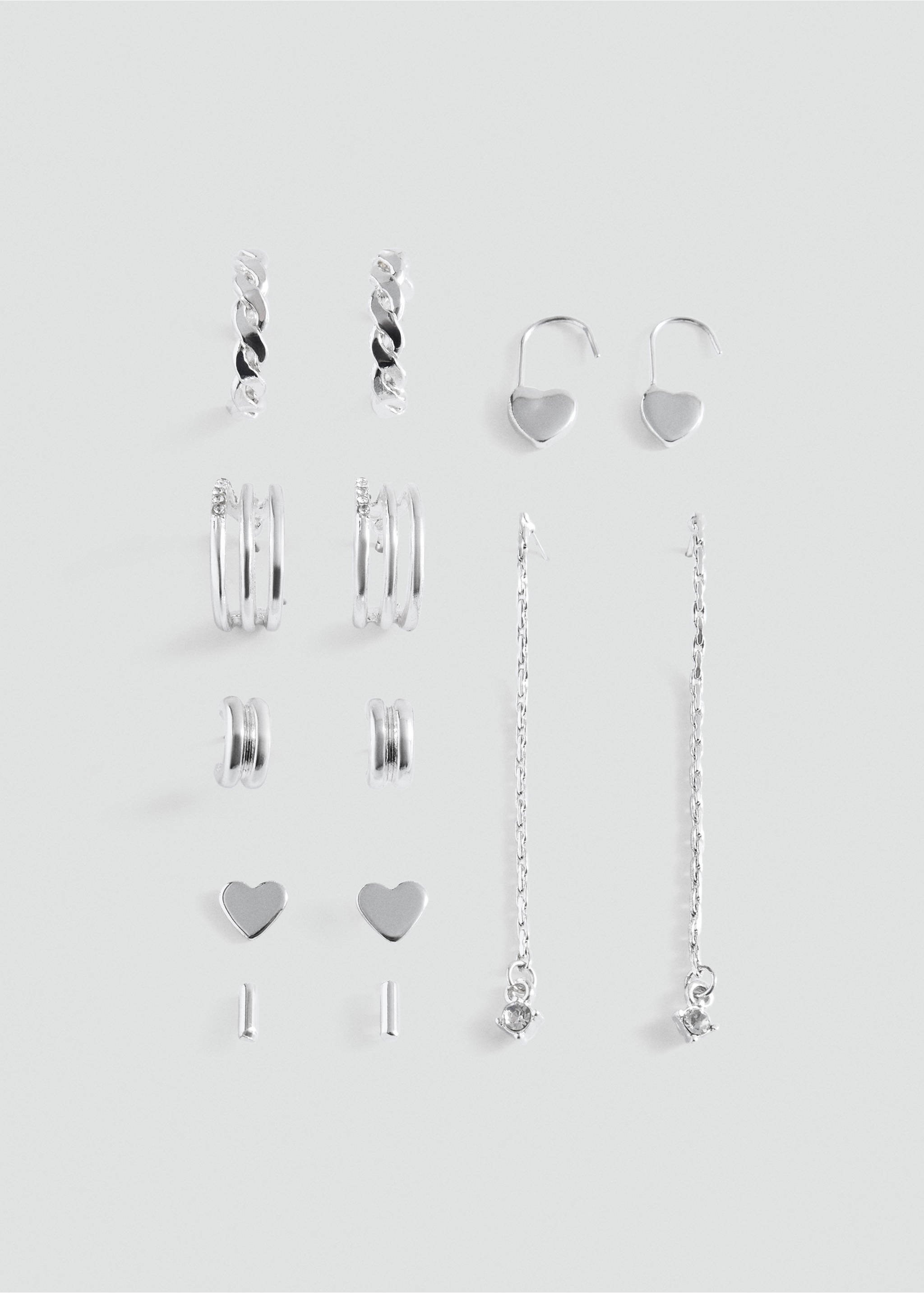 Set of six silver-toned earrings including hoops, hearts, and long chain drops., Silver. Ref: 37015193-00.