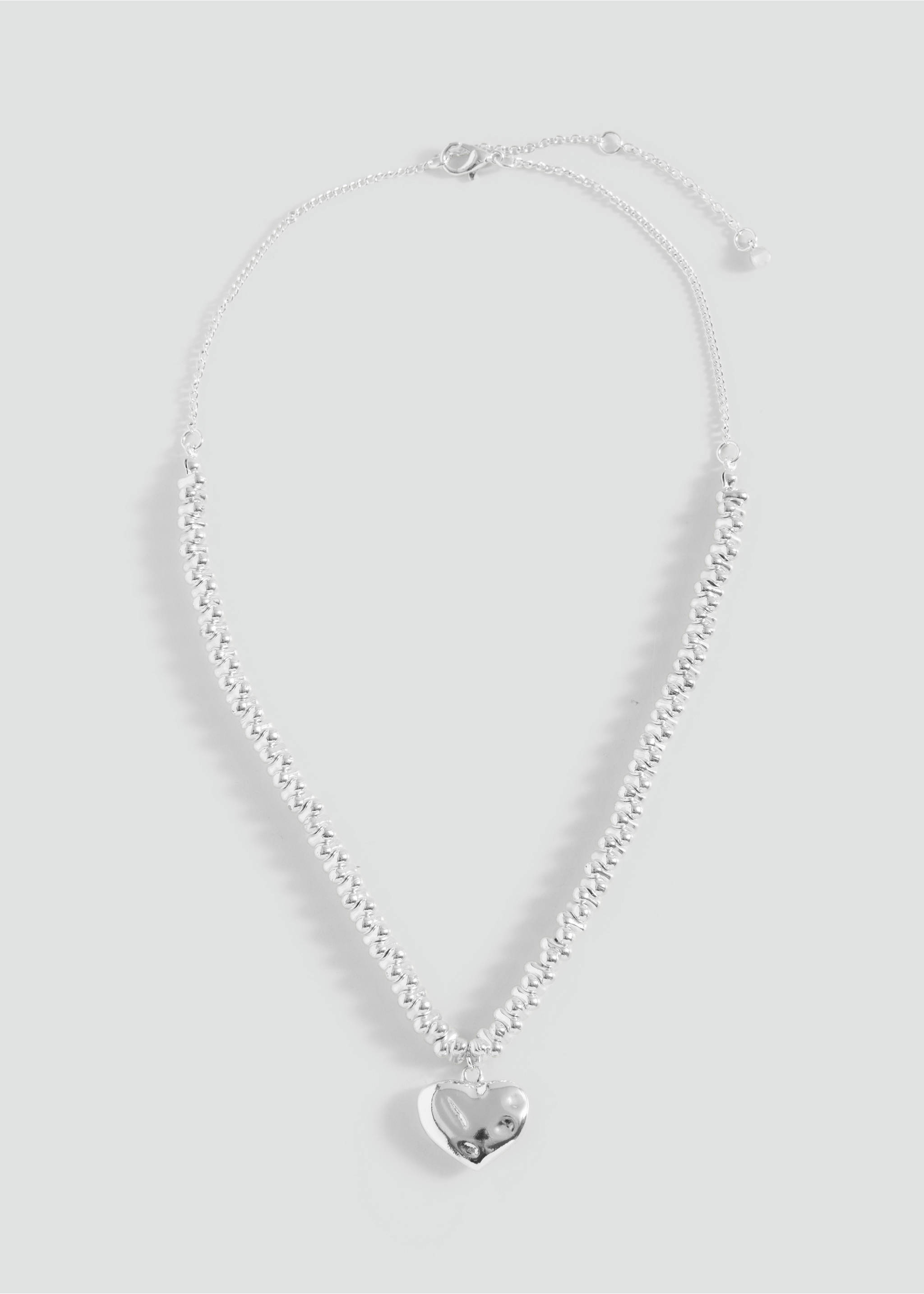 Silver-coloured metal necklace with a textured chain and a puffed heart pendant., Silver. Ref: 37015196-00.