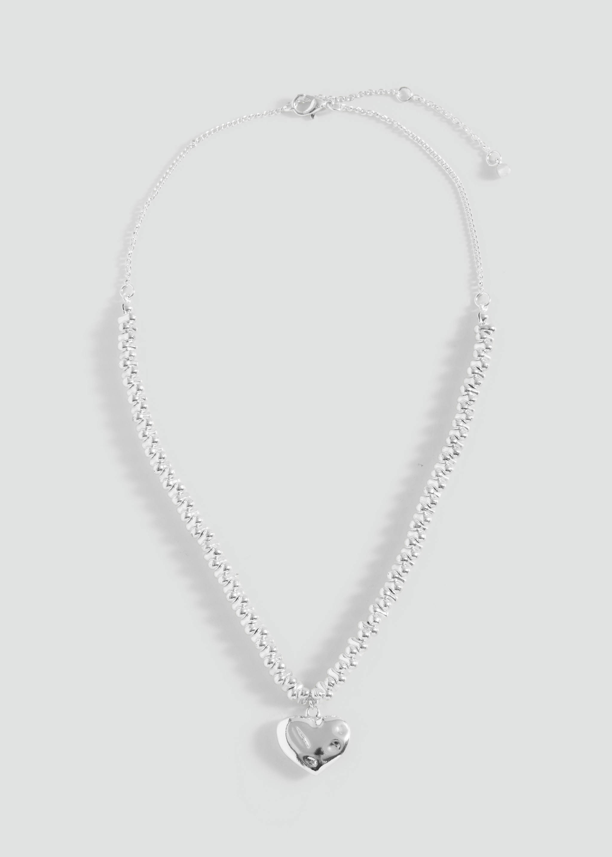 Silver-coloured metal necklace with a textured chain and a puffed heart pendant.