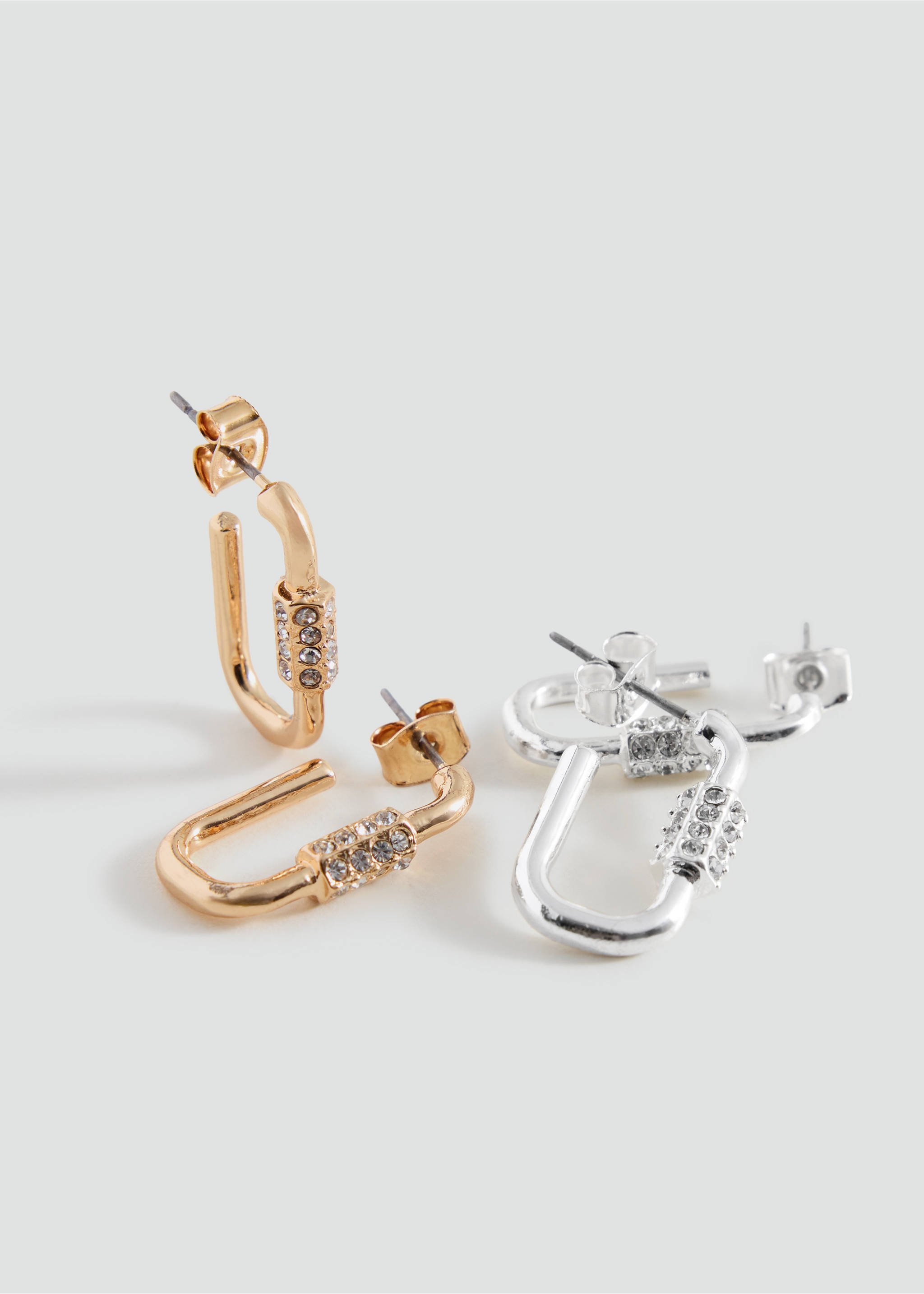 Set of gold and silver carabiner hoop earrings with rhinestone detailing., Gold. Ref: 37015198-00.