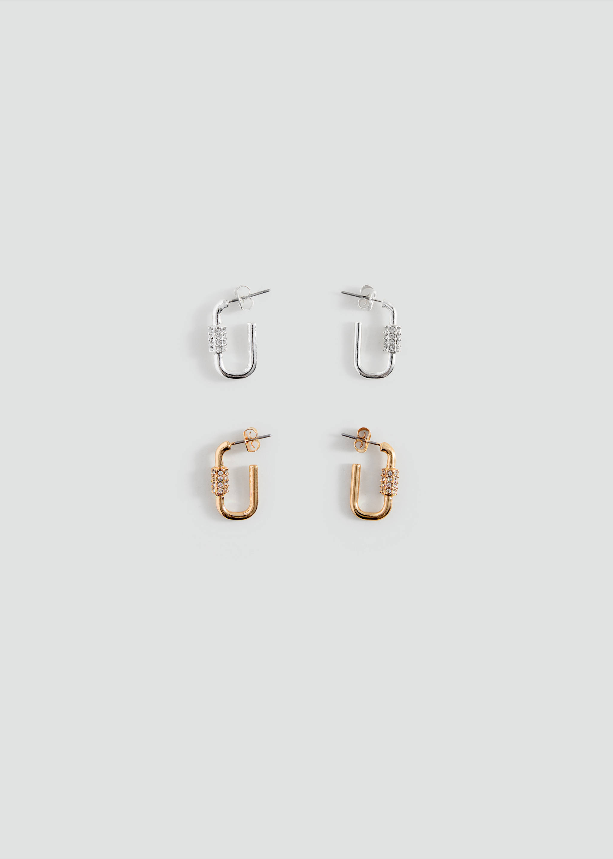 Set of four silver and gold carabiner hoop earrings with crystals., Gold. Ref: 37015198-00.