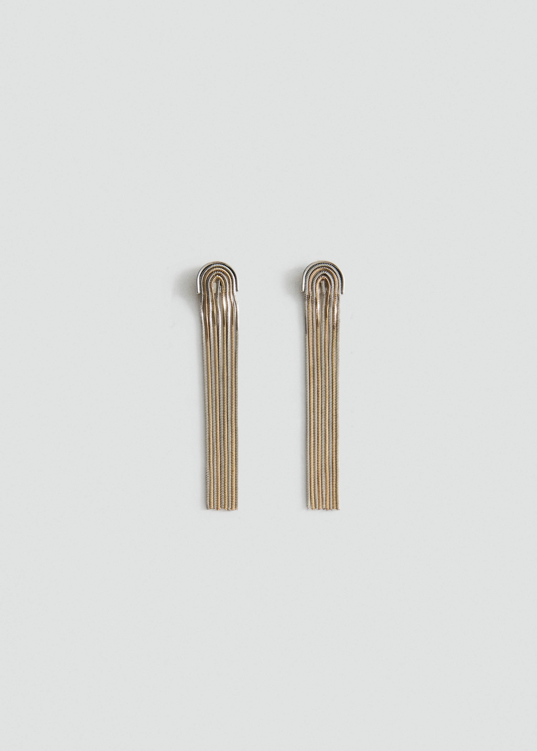 Long metallic fringe earrings with a curved arched top design.