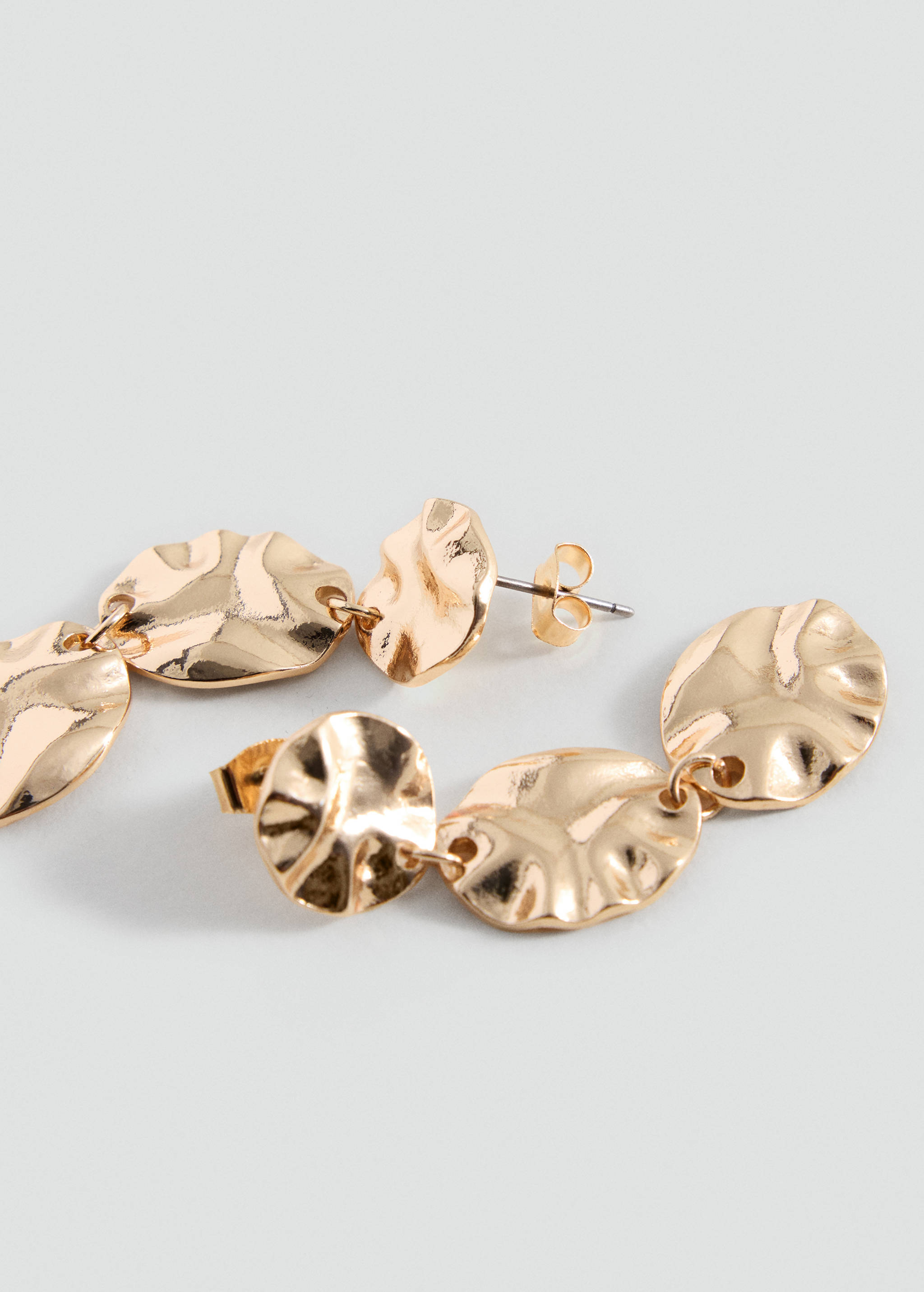 Gold-toned hammered disc drop earrings.
