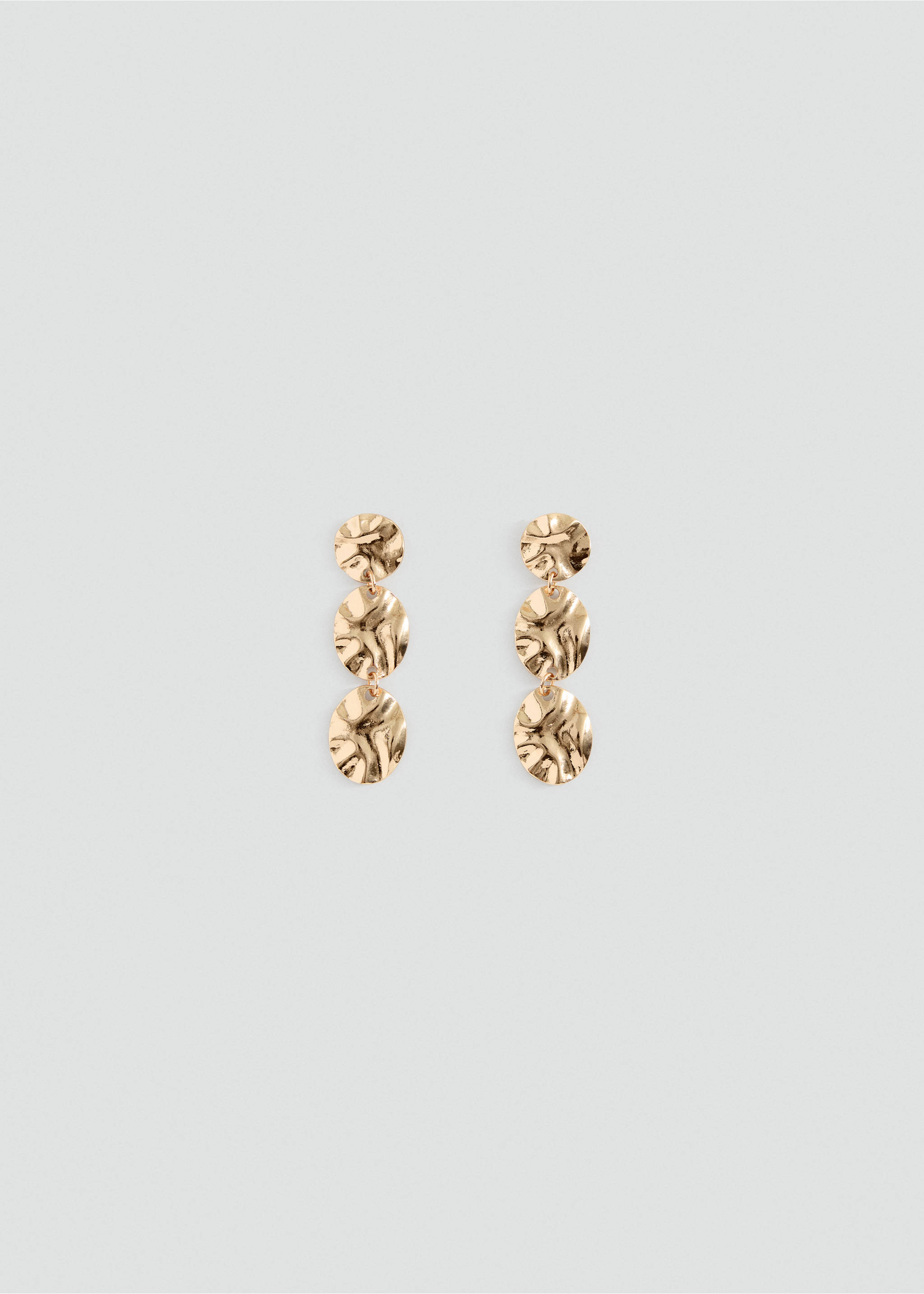 Gold-toned hanging earrings featuring three textured discs., Gold. Ref: 37015200-00.