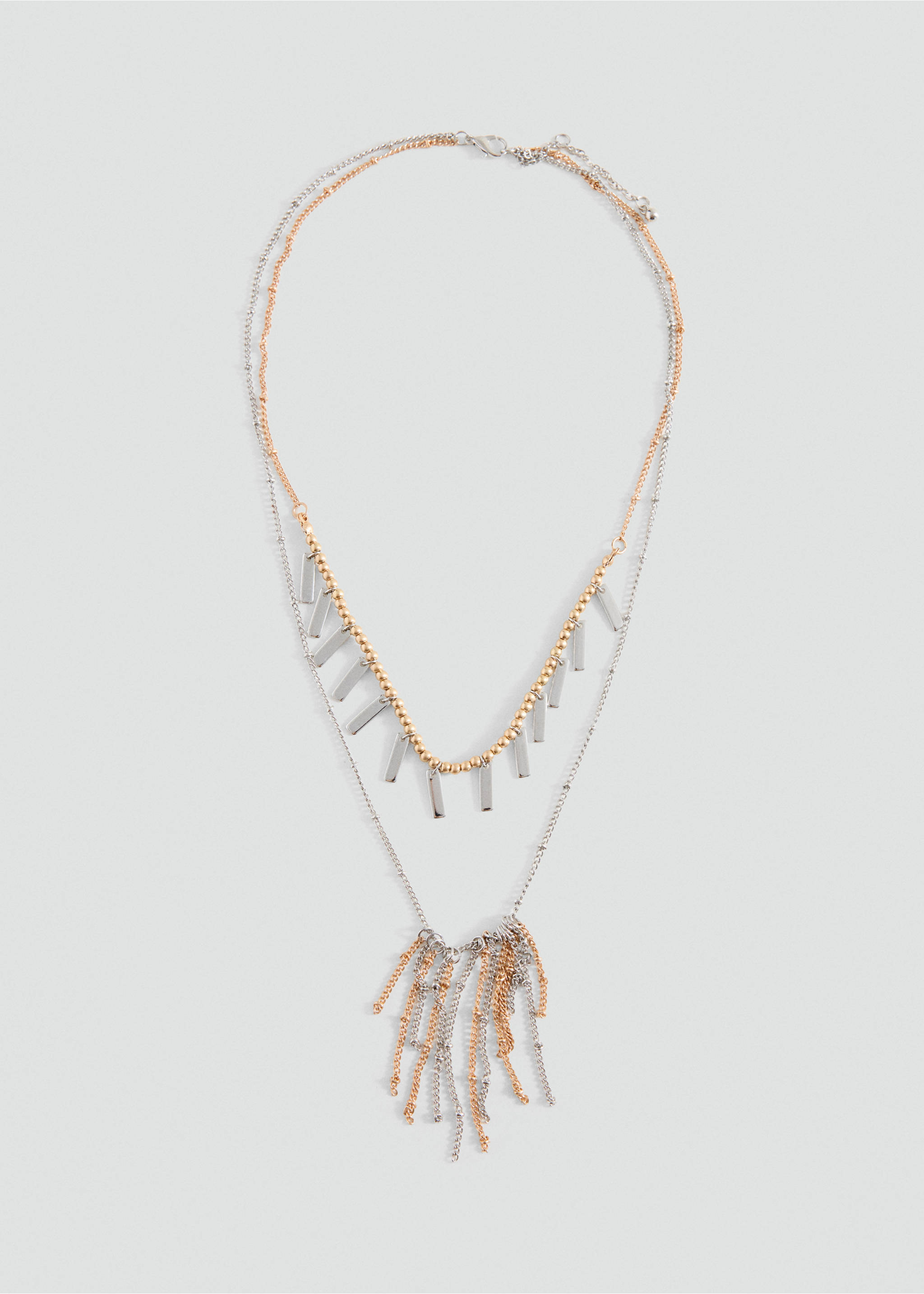 Layered multi-strand necklace in silver and gold with charms and pendant., Silver. Ref: 37015202-00.