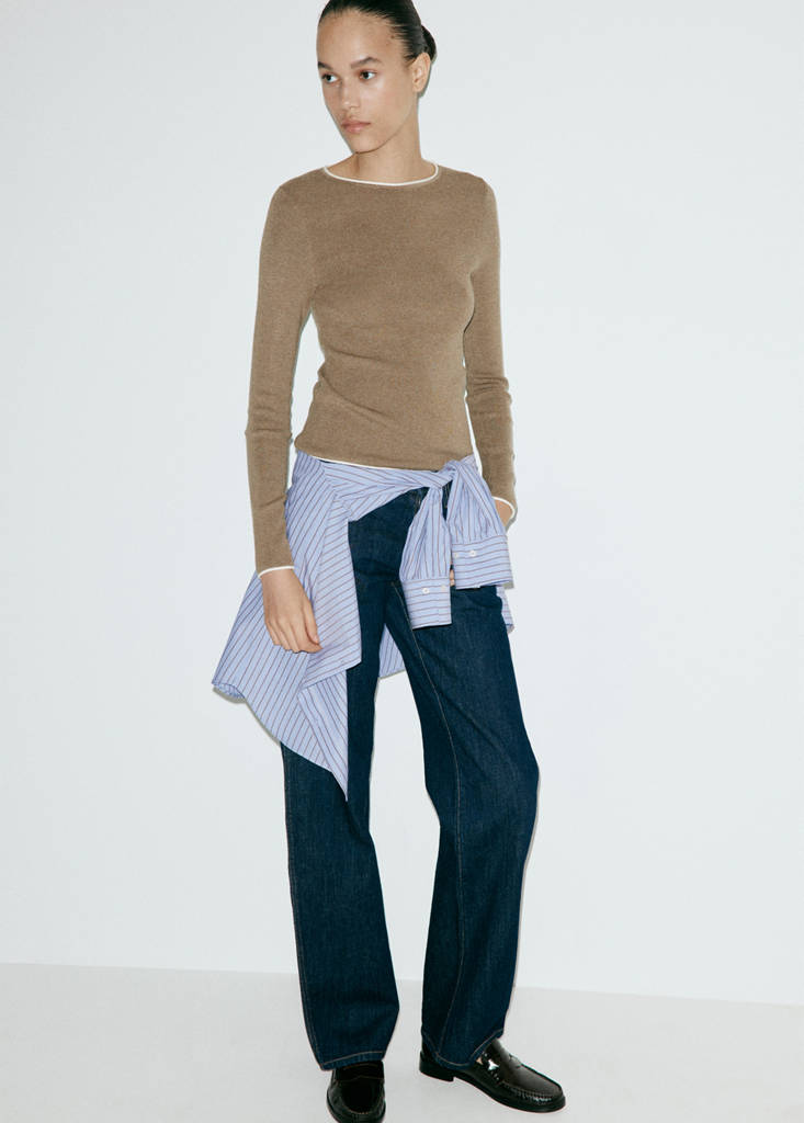 Ribbed knit jumper with contrast edging — Medium Brown