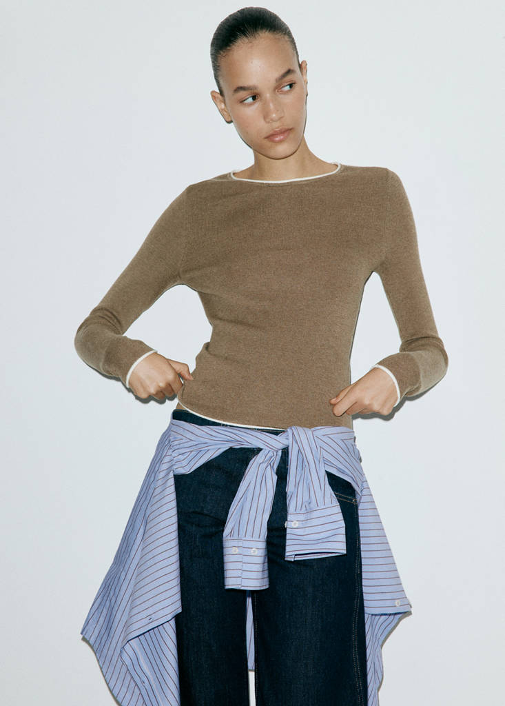 Ribbed knit jumper with contrast edging — Medium Brown