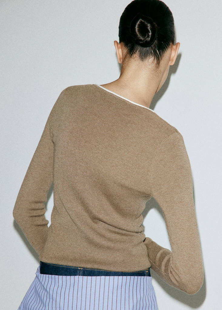 Ribbed knit jumper with contrast edging — Medium Brown