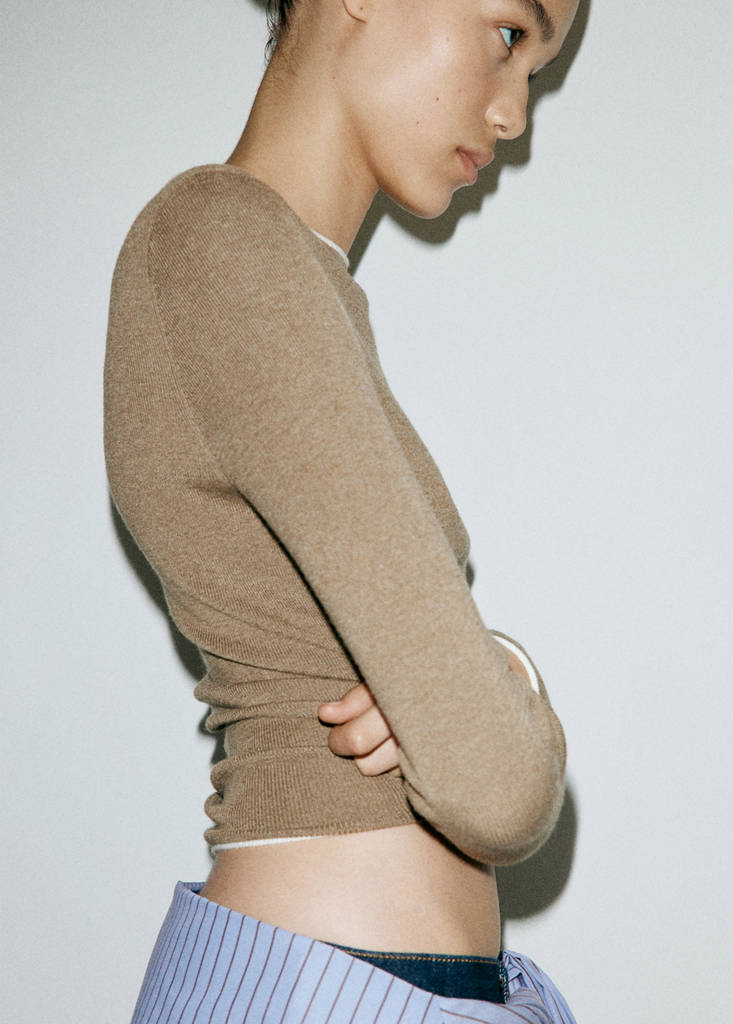 Ribbed knit jumper with contrast edging — Medium Brown