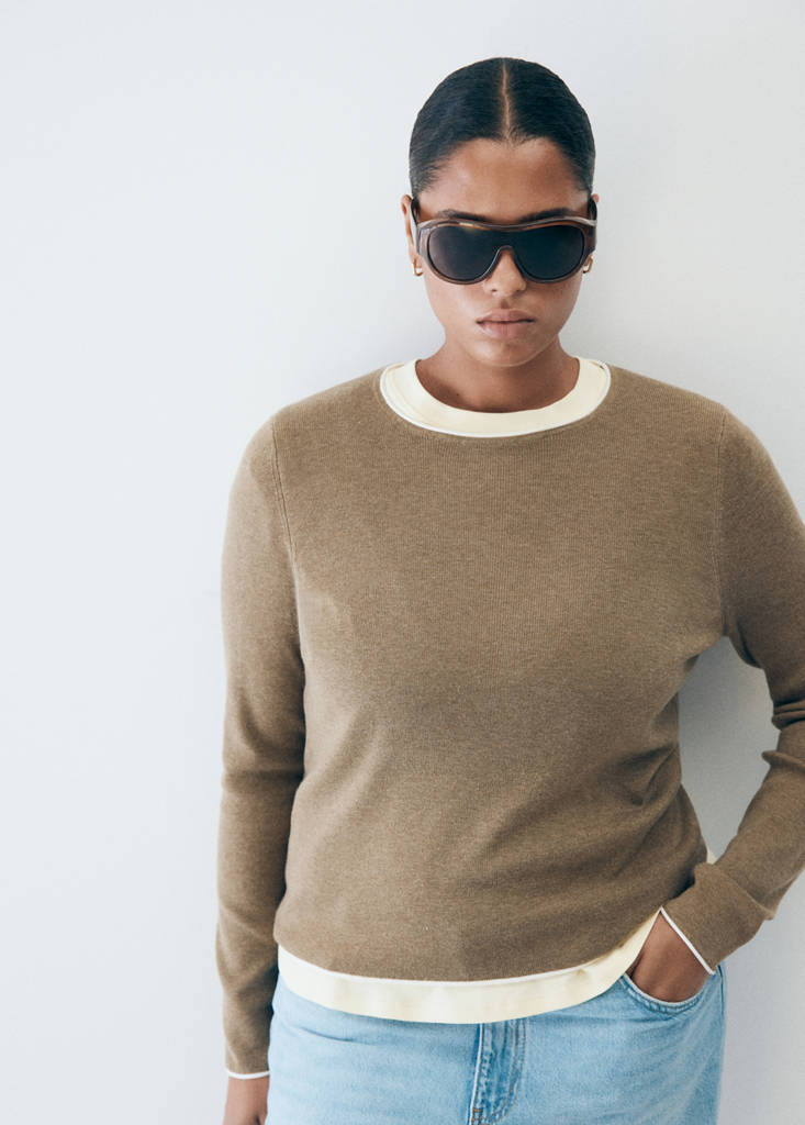 Ribbed knit jumper with contrast edging — Medium Brown