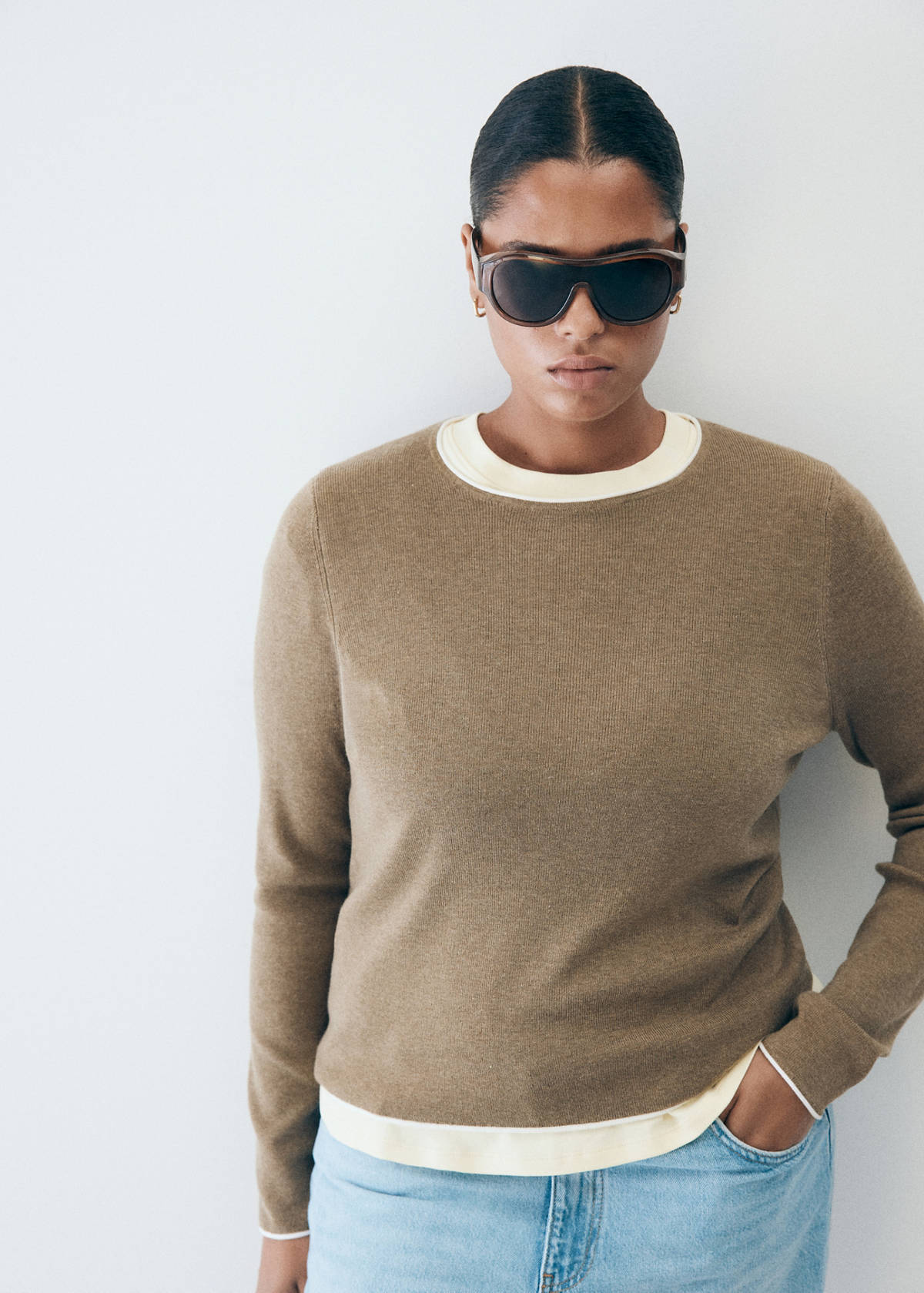 Ribbed knit jumper with contrast edging — Medium Brown