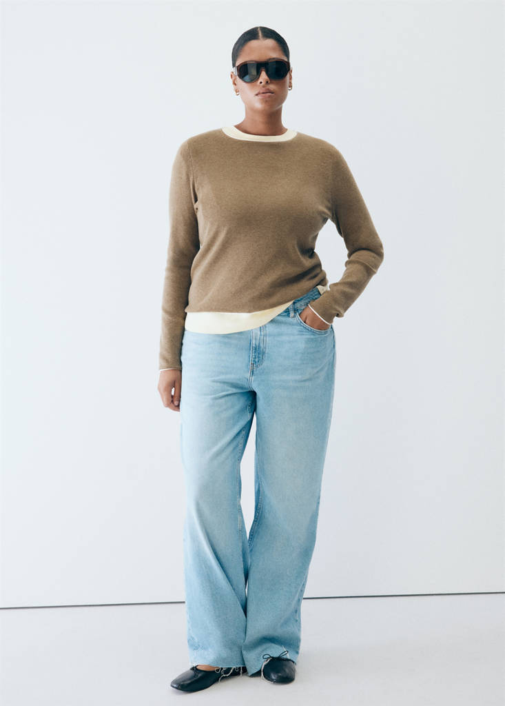 Ribbed knit jumper with contrast edging — Medium Brown