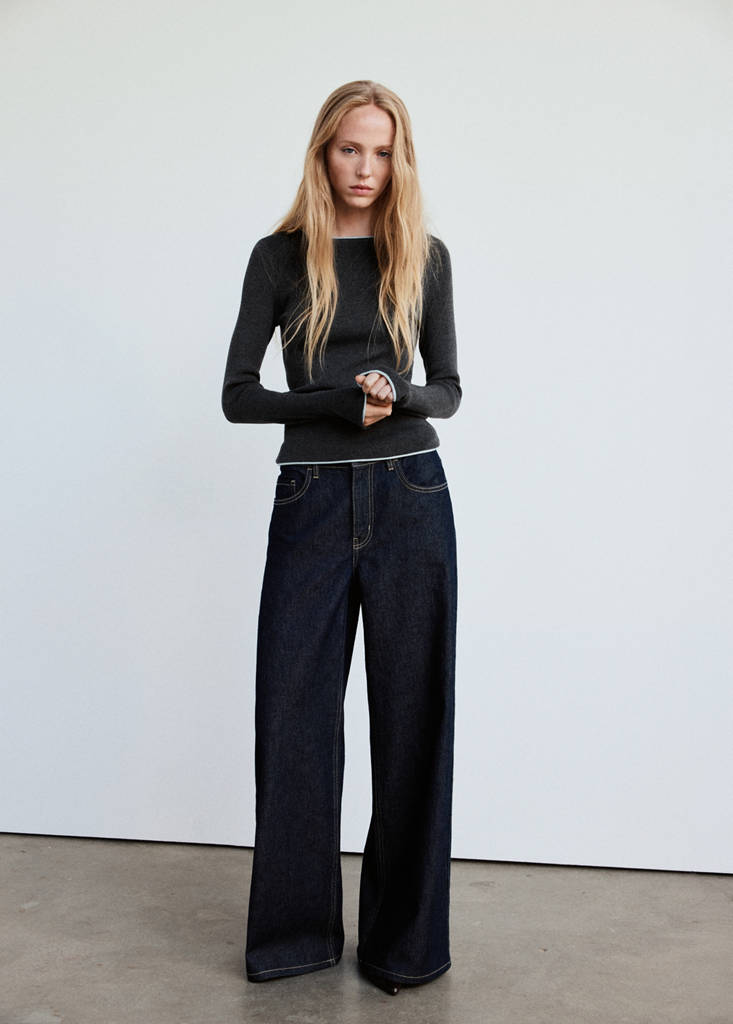 Ribbed knit jumper with contrast edging — Grey