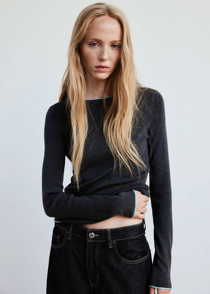 Ribbed knit jumper with contrast edging — Grey