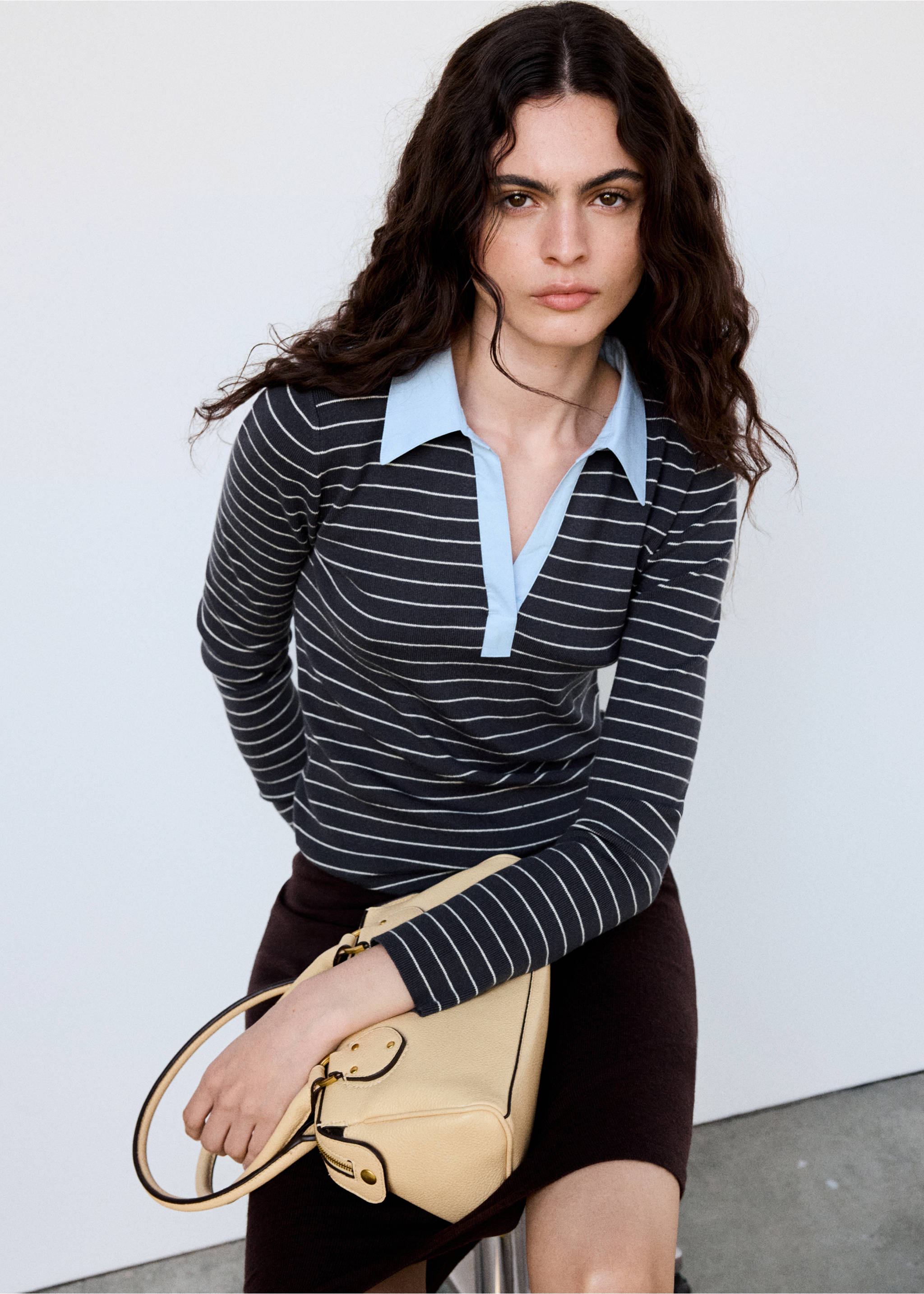 Jersey entallado rayas cuello camisero - Plano medio, Gris medio vigoré. Ref: 37015842-00.