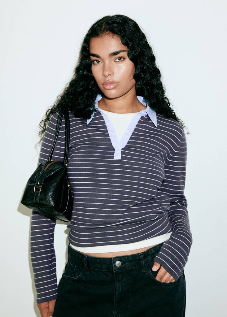 Fitted striped jersey with shirt collar — Medium Heather Grey