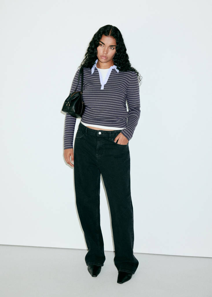 Fitted striped jersey with shirt collar — Medium Heather Grey