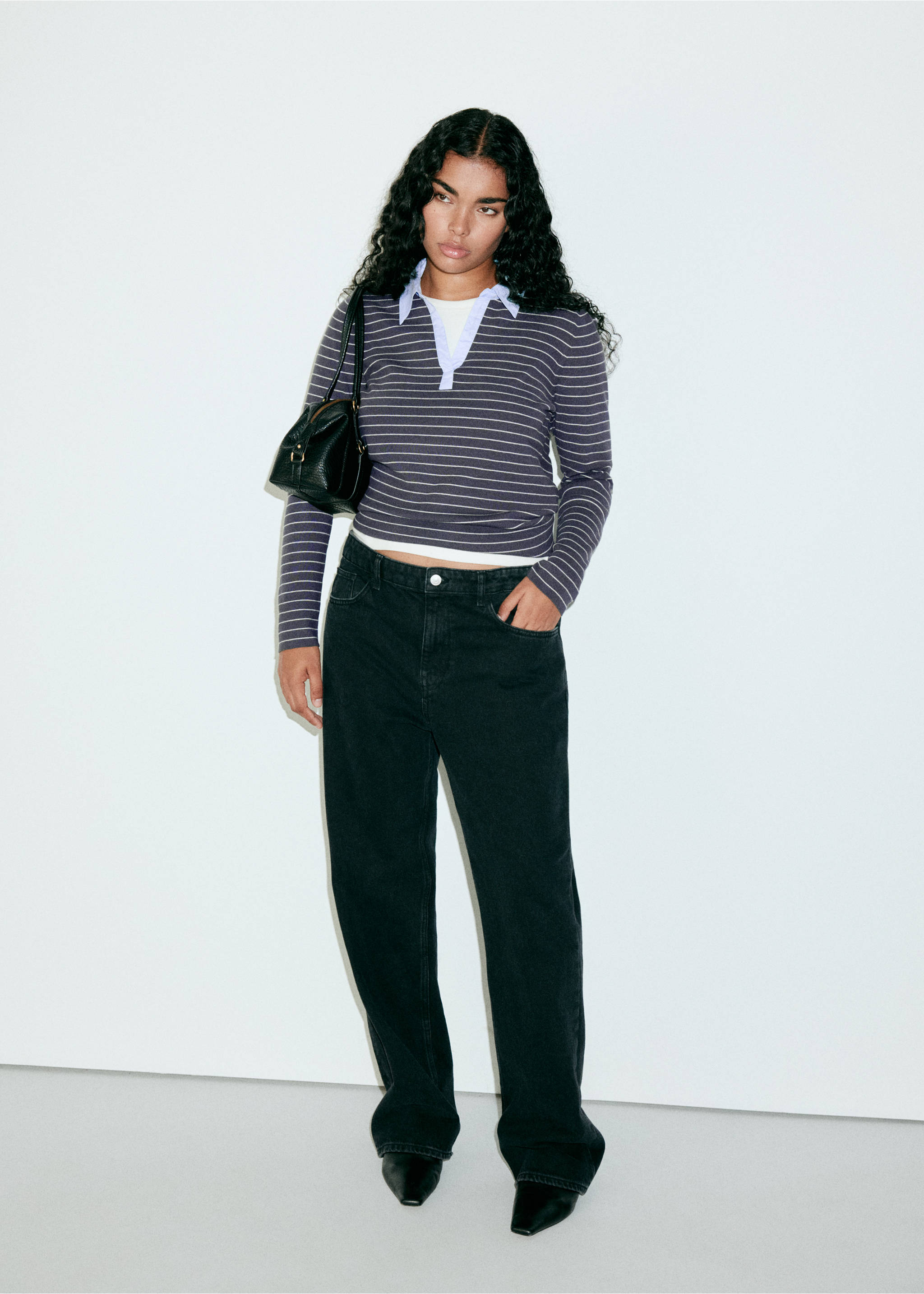 Fitted striped jersey with shirt collar - Details of the article 5, Medium Heather Grey. Ref: 37015842-00.