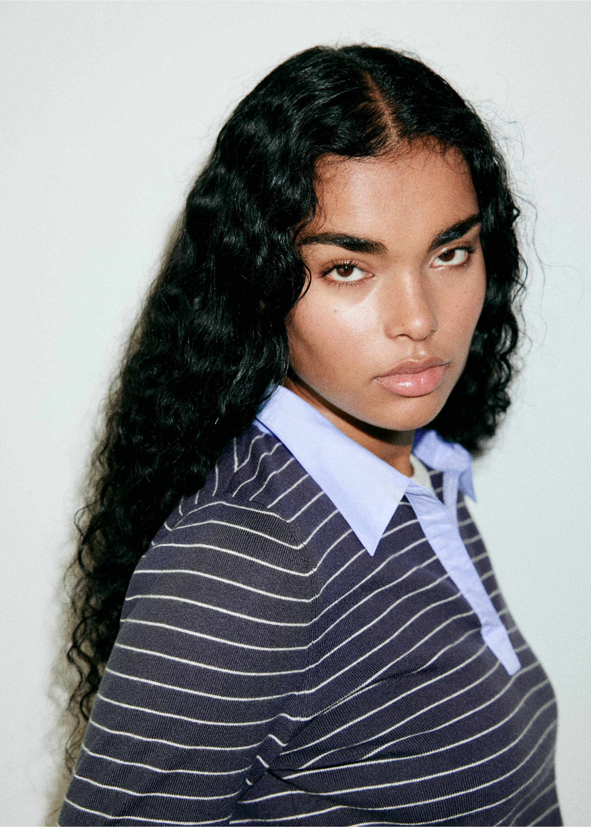 Fitted striped jersey with shirt collar - Details of the article 4, Medium Heather Grey. Ref: 37015842-00.