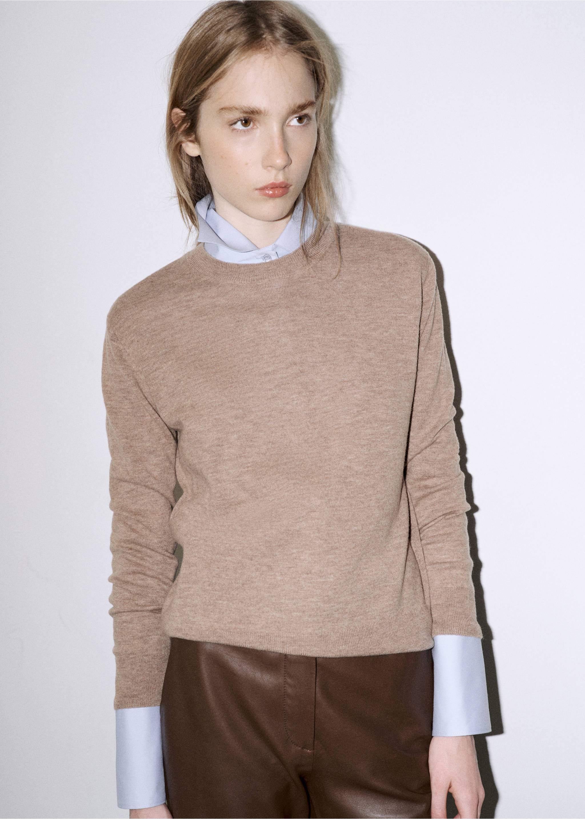 100% wool round-neck sweater - Medium plane, Medium Brown. Ref: 37015843-00.