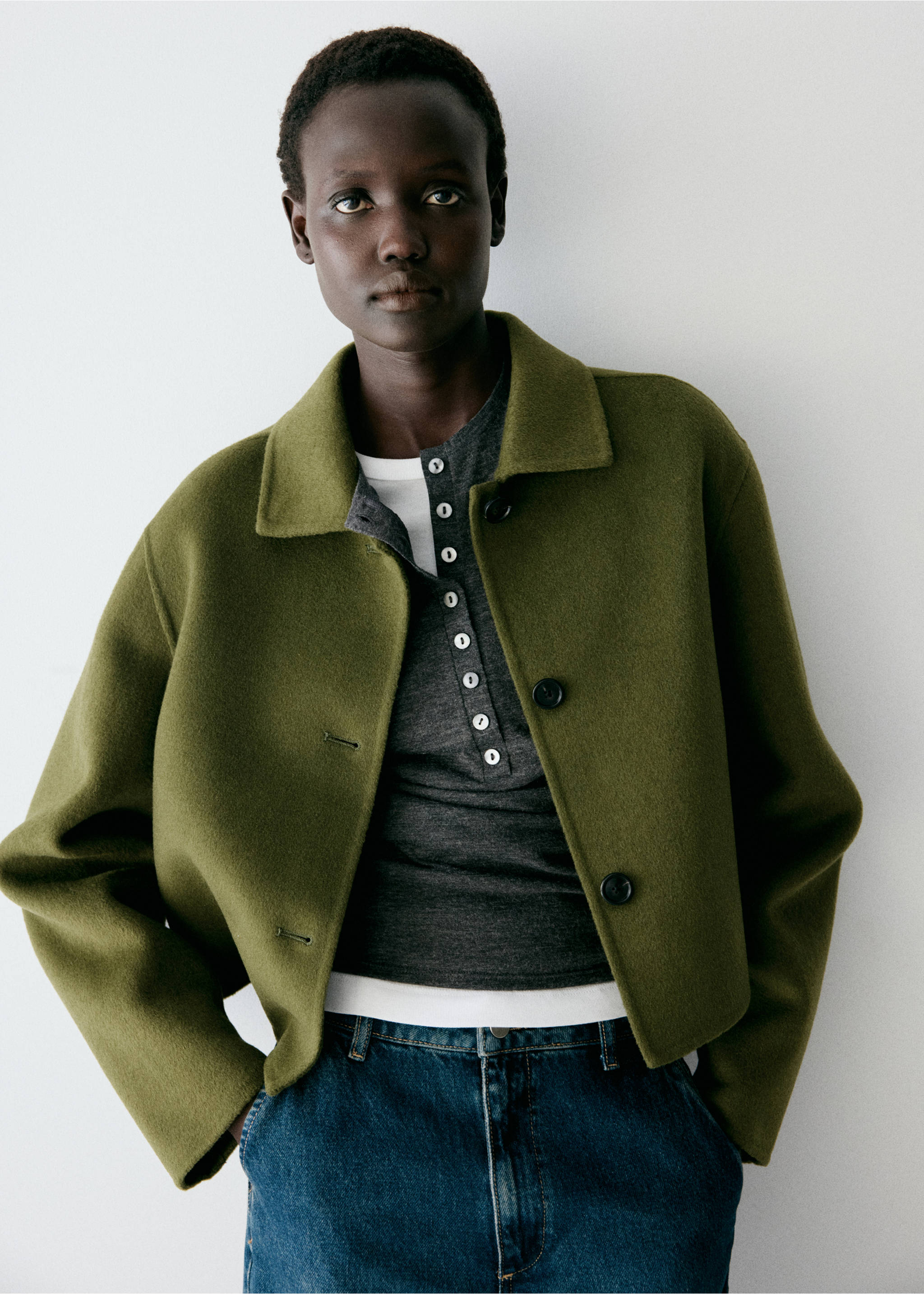Wool jacket with shirt collar - Medium plane, Green. Ref: 37015849-00.