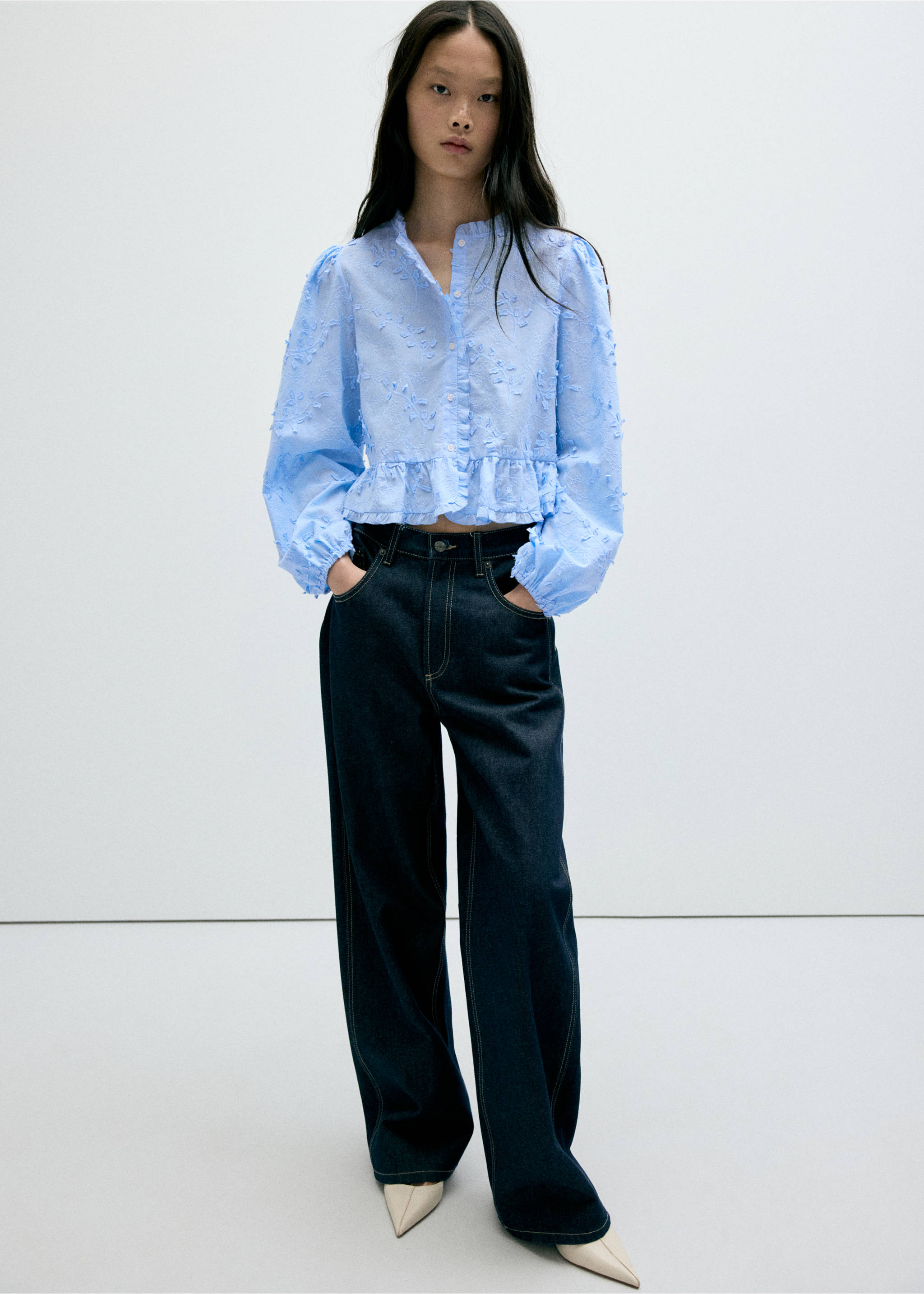 Embroidered blouse with frill detail - General plane, Blue. Ref: 37015851-00.
