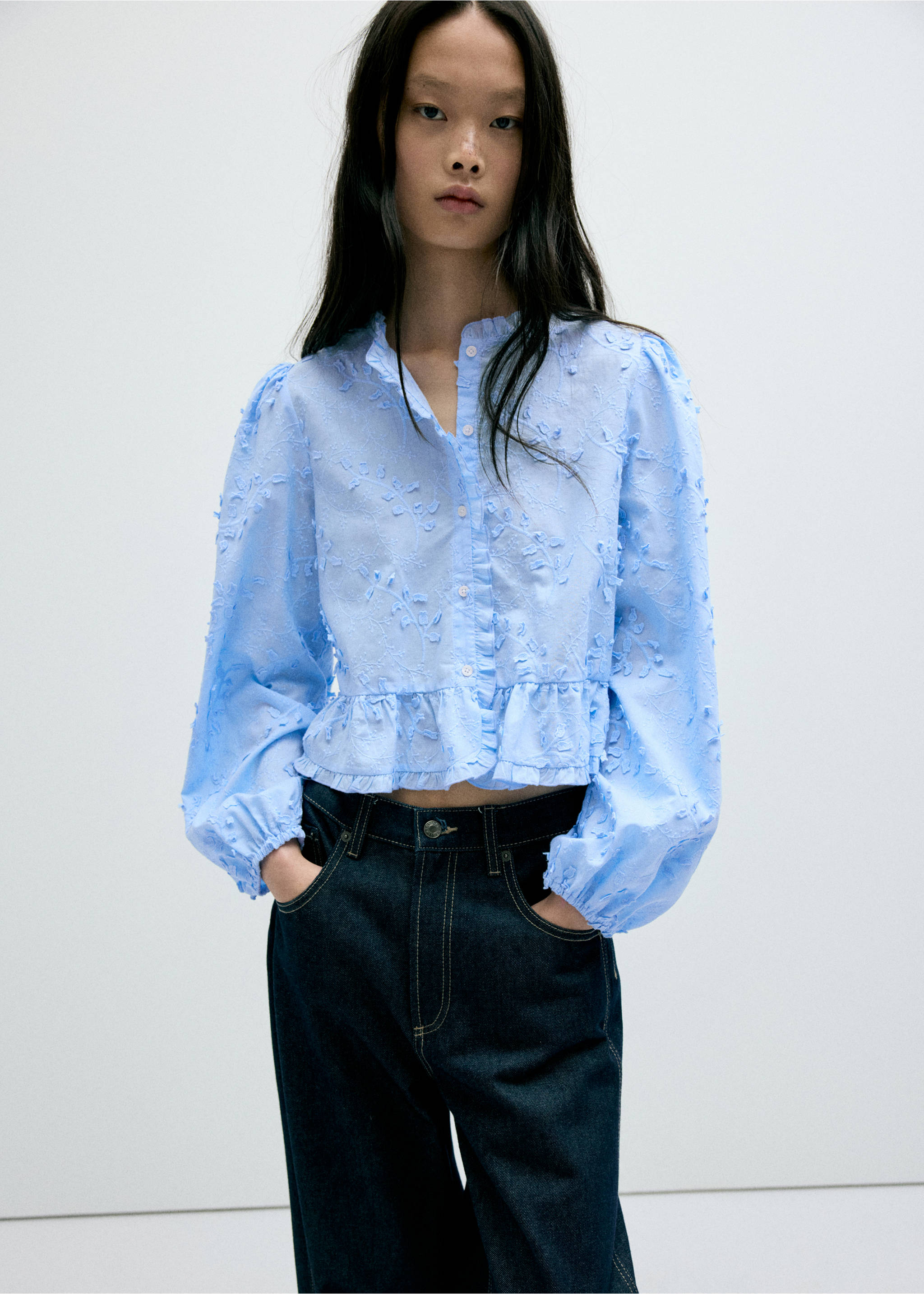 Embroidered blouse with frill detail - Medium plane, Blue. Ref: 37015851-00.