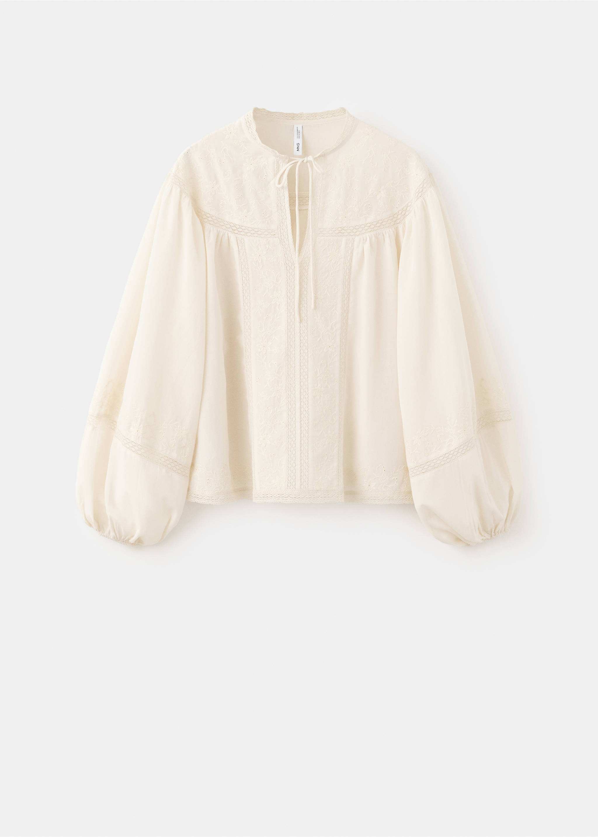 Embroidered puff-sleeve blouse - Article without model, Green. Ref: 37015852-00.